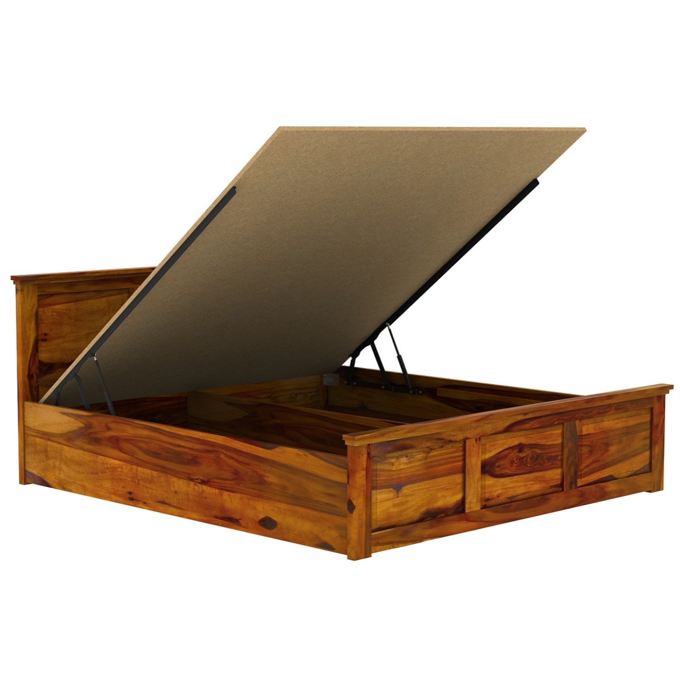 Stainfiled Solid Wood Queen Size Bed In Hydraulic Storage Bed In Honey Oak Finish