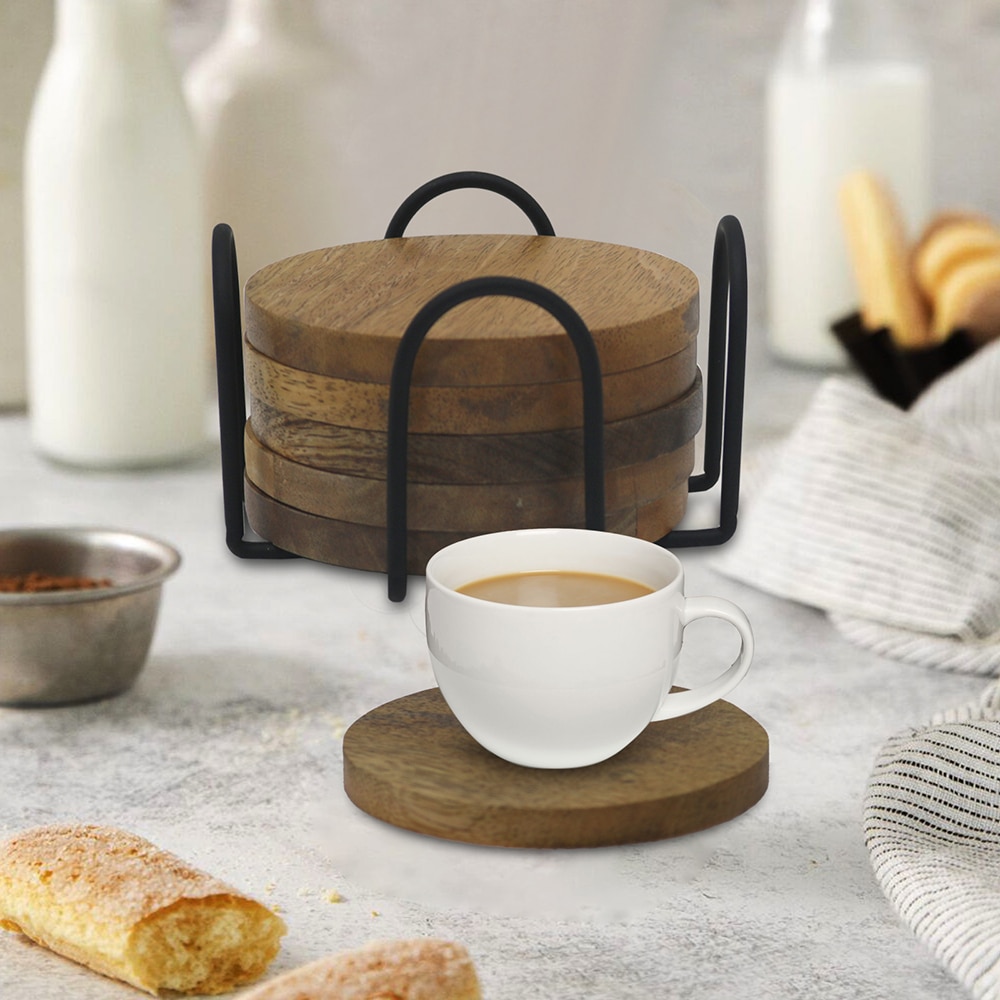 Metalsmith Wooden Coaster Set of 6 with Stand Natural Finish - Metalsmith
