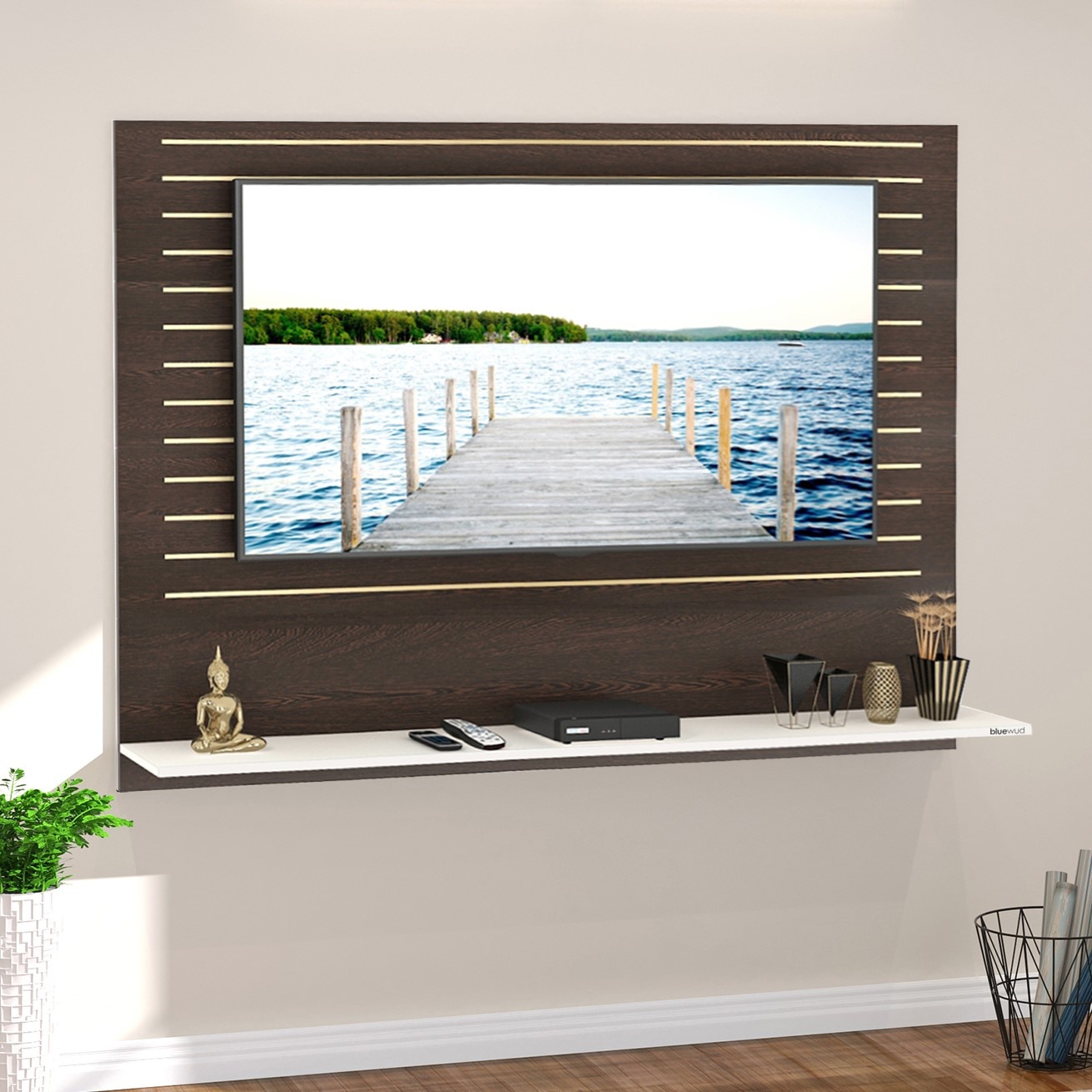 BLUEWUD Reyloye Large Engineering Wood Wall Mount TV Entertainment Unit Set Top Box Stand/TV Cabinet Panel with Shelves for Books & D�cor Display Unit Bed Living Room Upto 60"(Wenge & White)