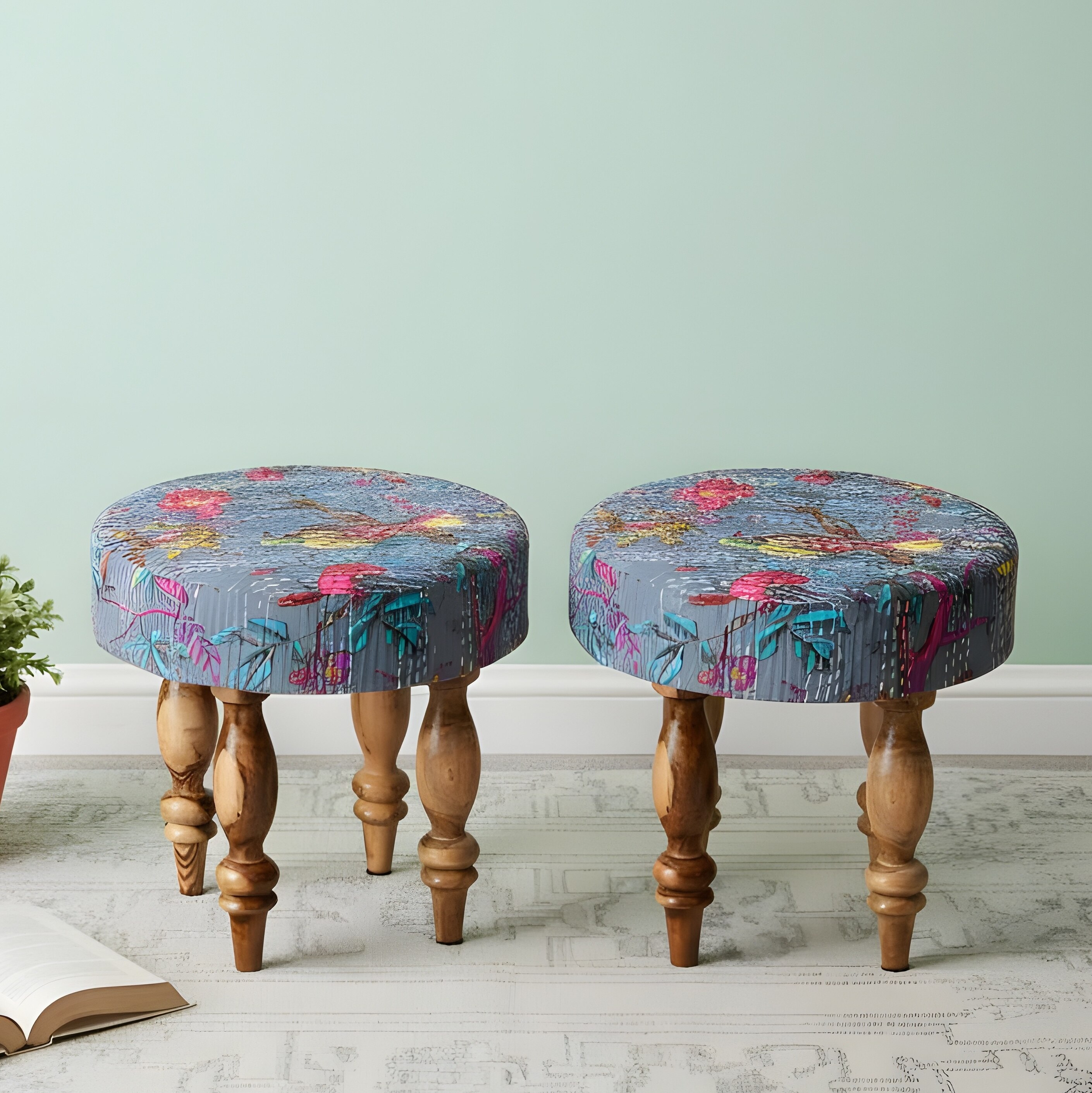 Roswell Sheesham Wood Mid Century Round Set of 2 Stools in Grey Brid Print Kantha Upholstery