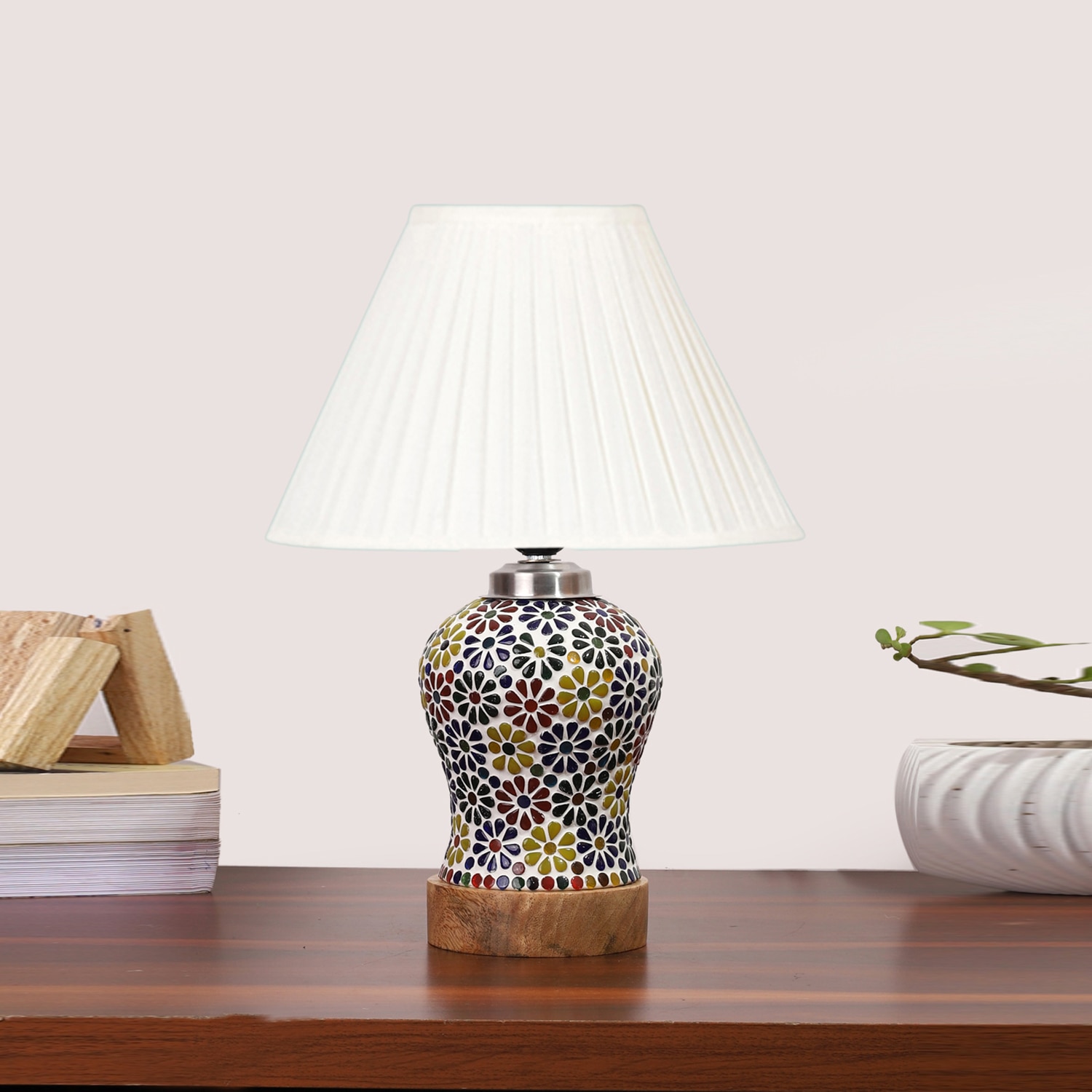 Devansh Off-White Cotton Straight Pleated Shade Lamp With Wood & Mosaic Glass Base For Decoration/Office/Home/Gifting/Study For Decoration/Office/Home/Gifting/Study - Devansh