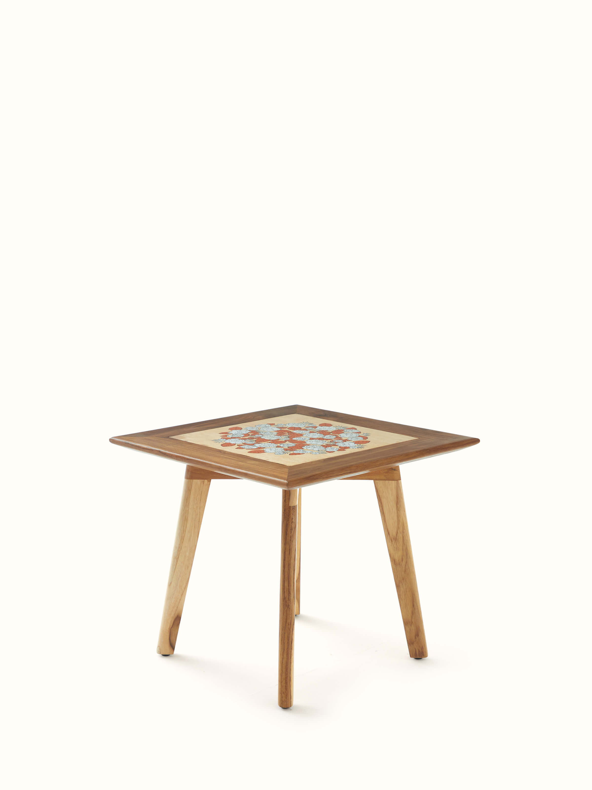 Front view of Teak wood pattachitra square side table, showcasing detailed pattachitra artwork