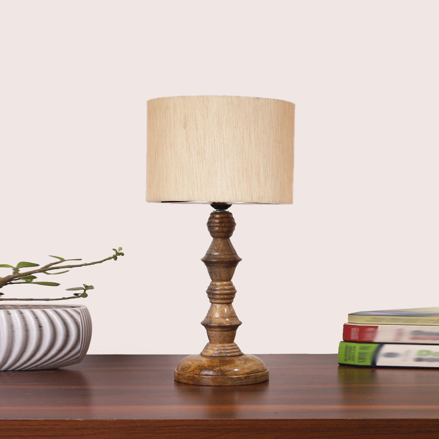 Devansh Off White Cotton Table Lamp With  Wood Natural Base  (7X7X15.5 Inches)-2 - Devansh