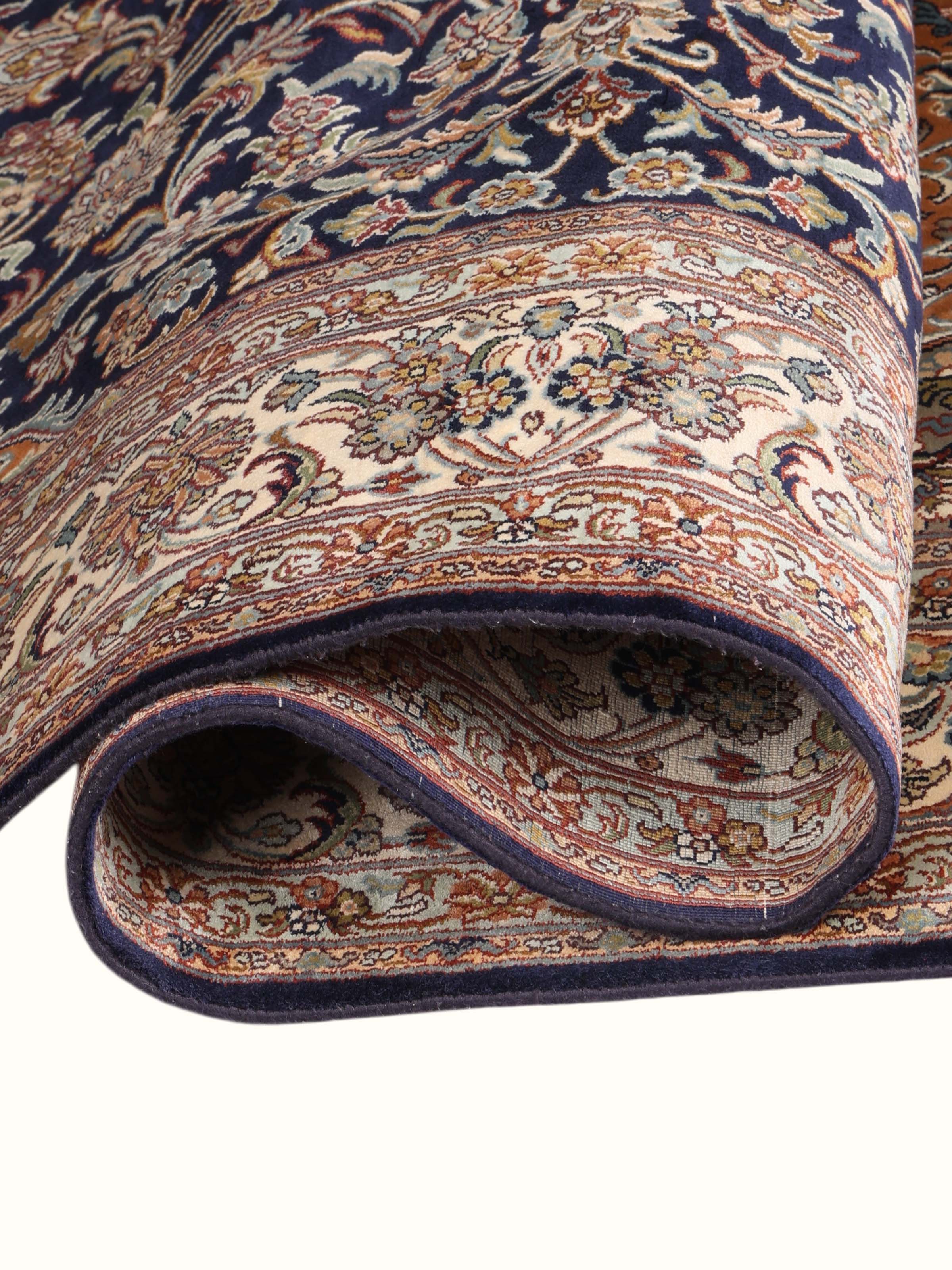 Traditional Persian Navy Rust Kashan Kashmir Silk Hand-Knotted Carpet