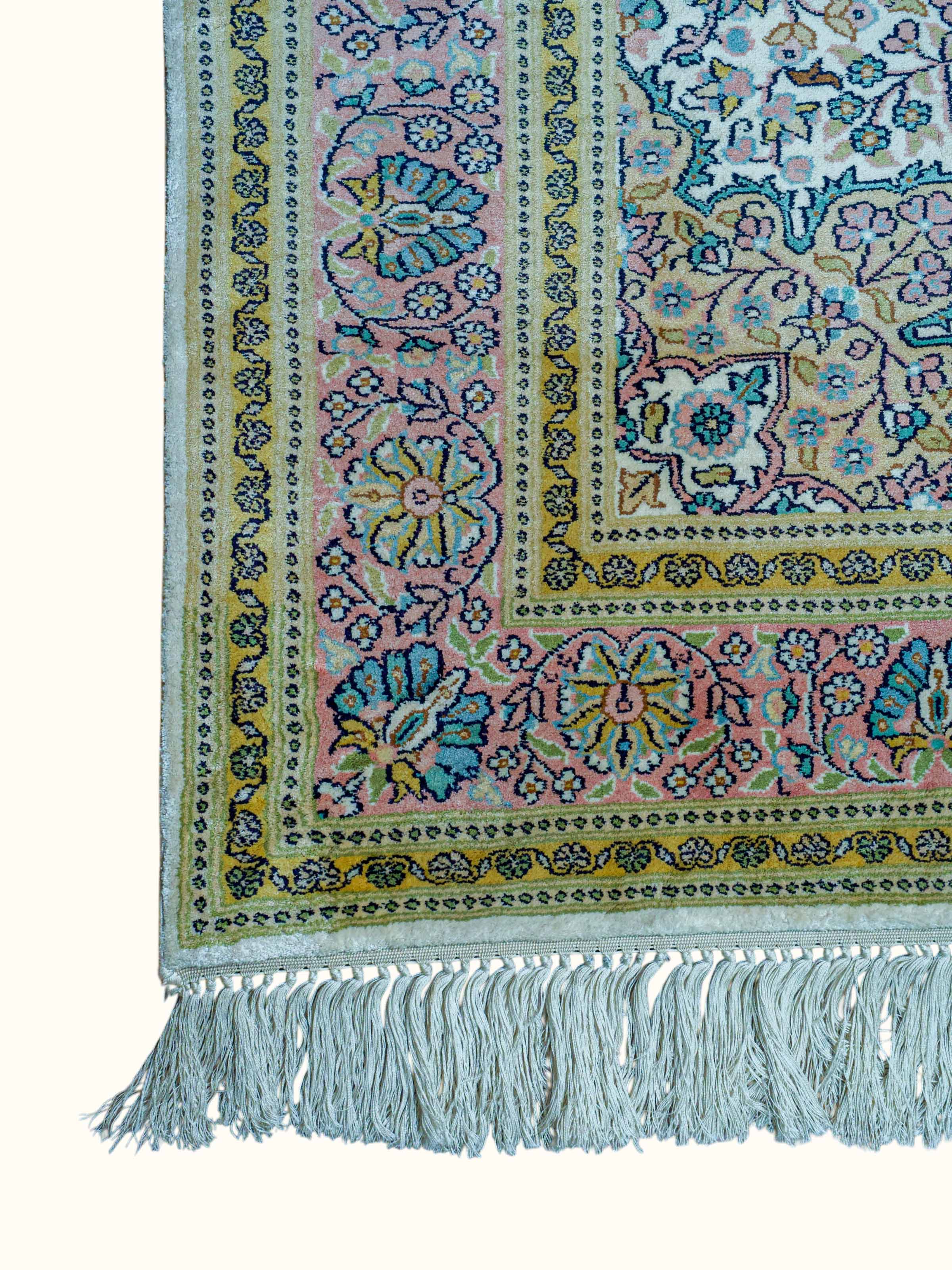 Traditional Persian Ivory Kashan Kashmir Silk Hand-Knotted Carpet