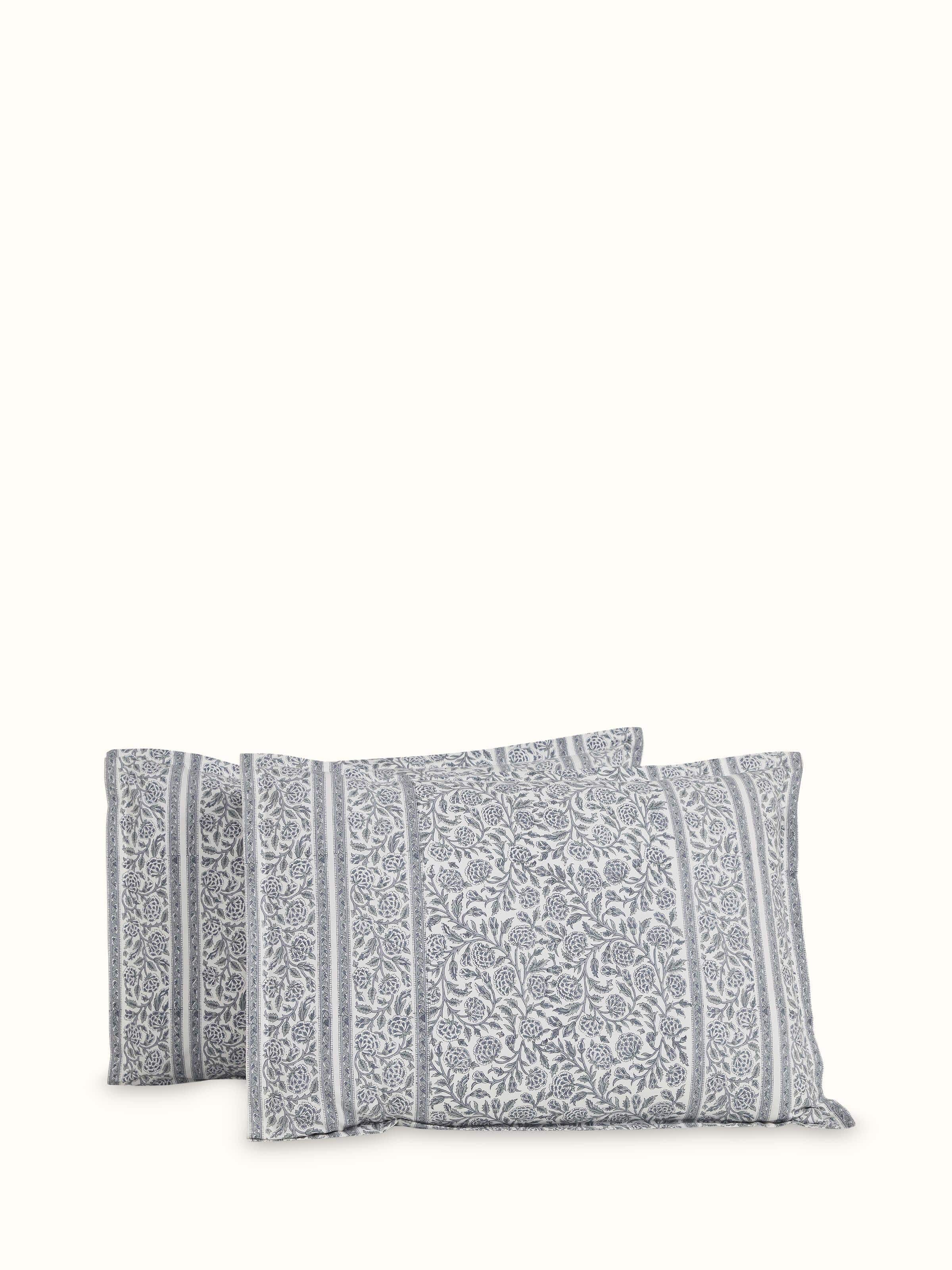 Pair of grey pillow shams featuring Sanganeri block-printed floral jaal design on cotton fabric