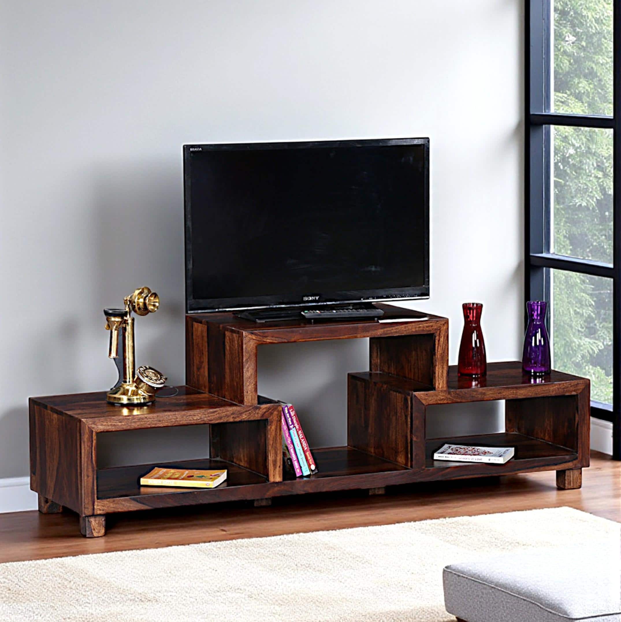 Allen Sheesham Wood Minimalist Tv Entertainment Unit For Tv Upto 55 Inch In Provisional Teak Finish