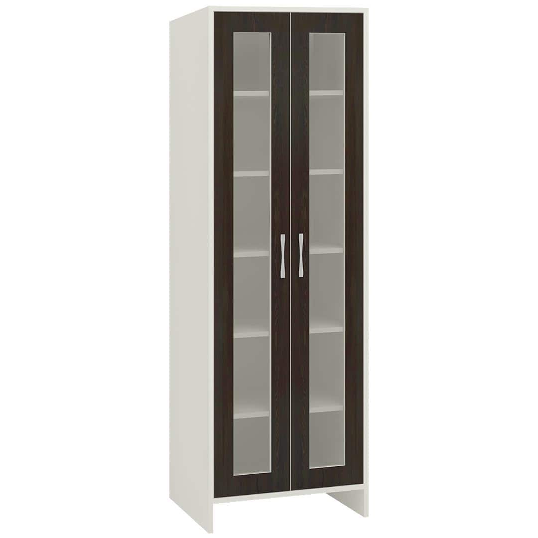 Atlanta Tall Crockery cum Bookshelf Cabinet with Toughened Glass Shutters in Antique Ebony Colour