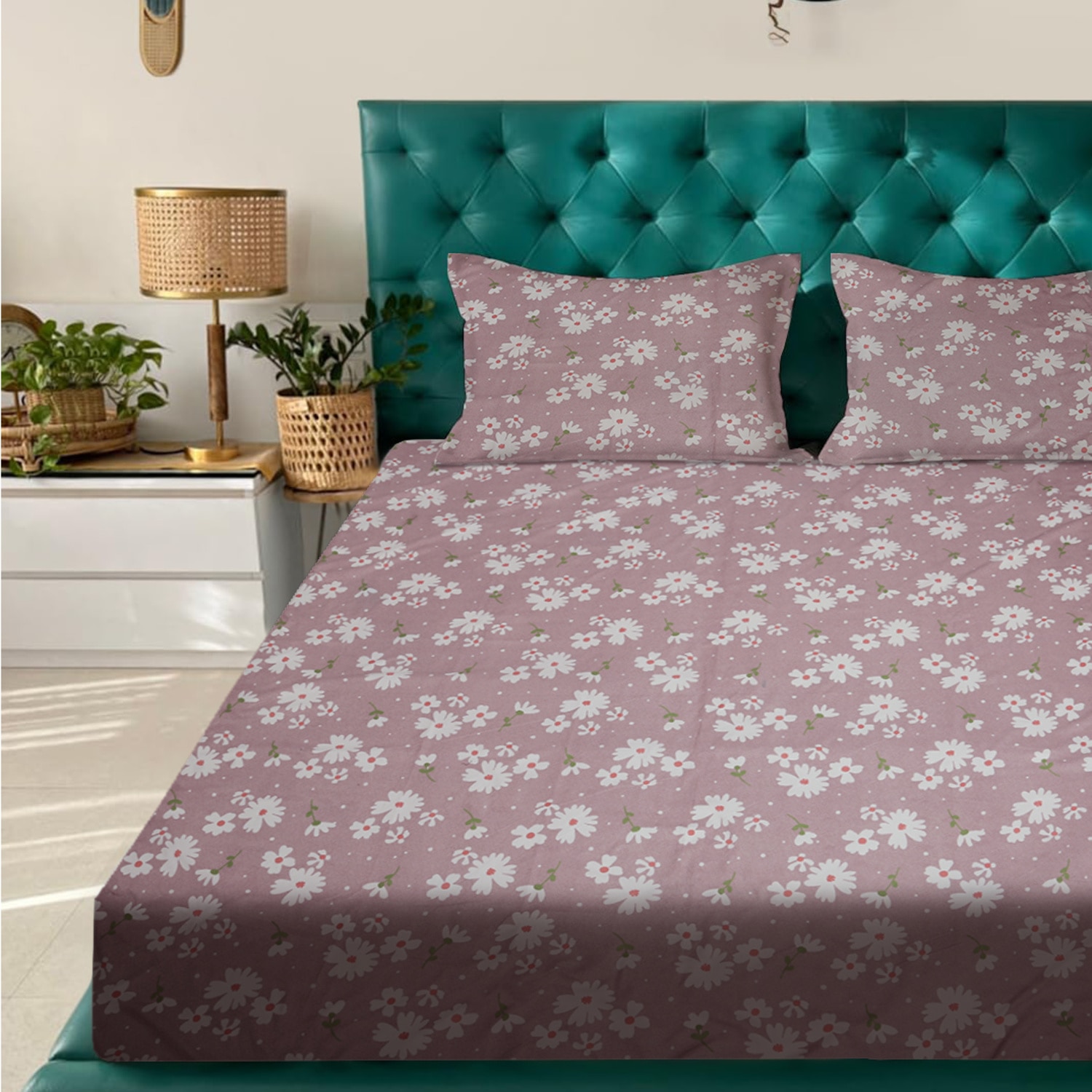 Purple Floral 180 TC Flat 1 Queen  Bedsheet with 2 Pillow Covers