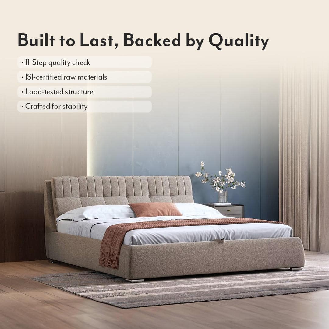 Stanhope Upholstered Hydraulic Storage King Size Bed In Shitake Beige Premium Chenille