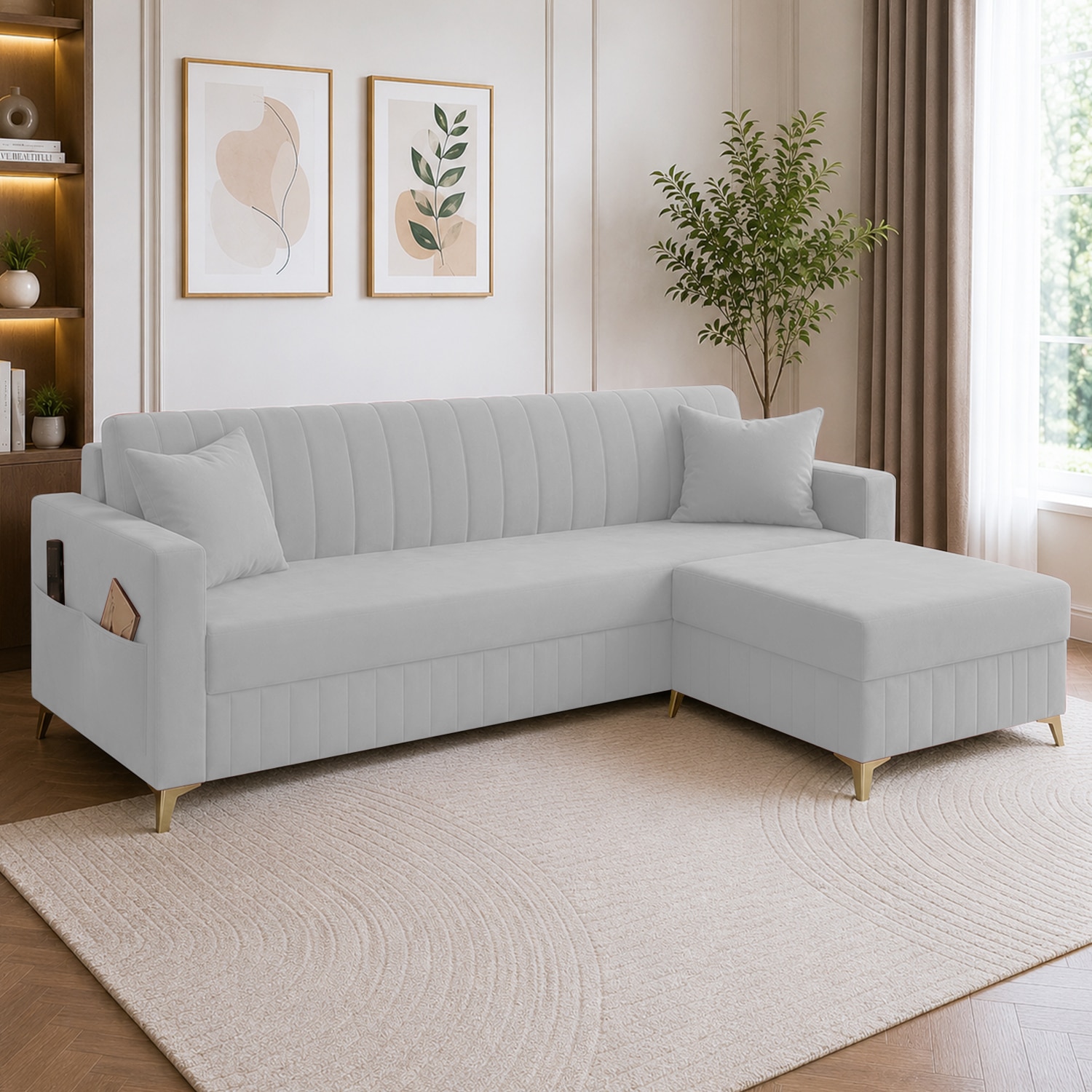 Convil Velvet L Shape 4 Seater  Sofa in Grey Color - Home Lifestylez