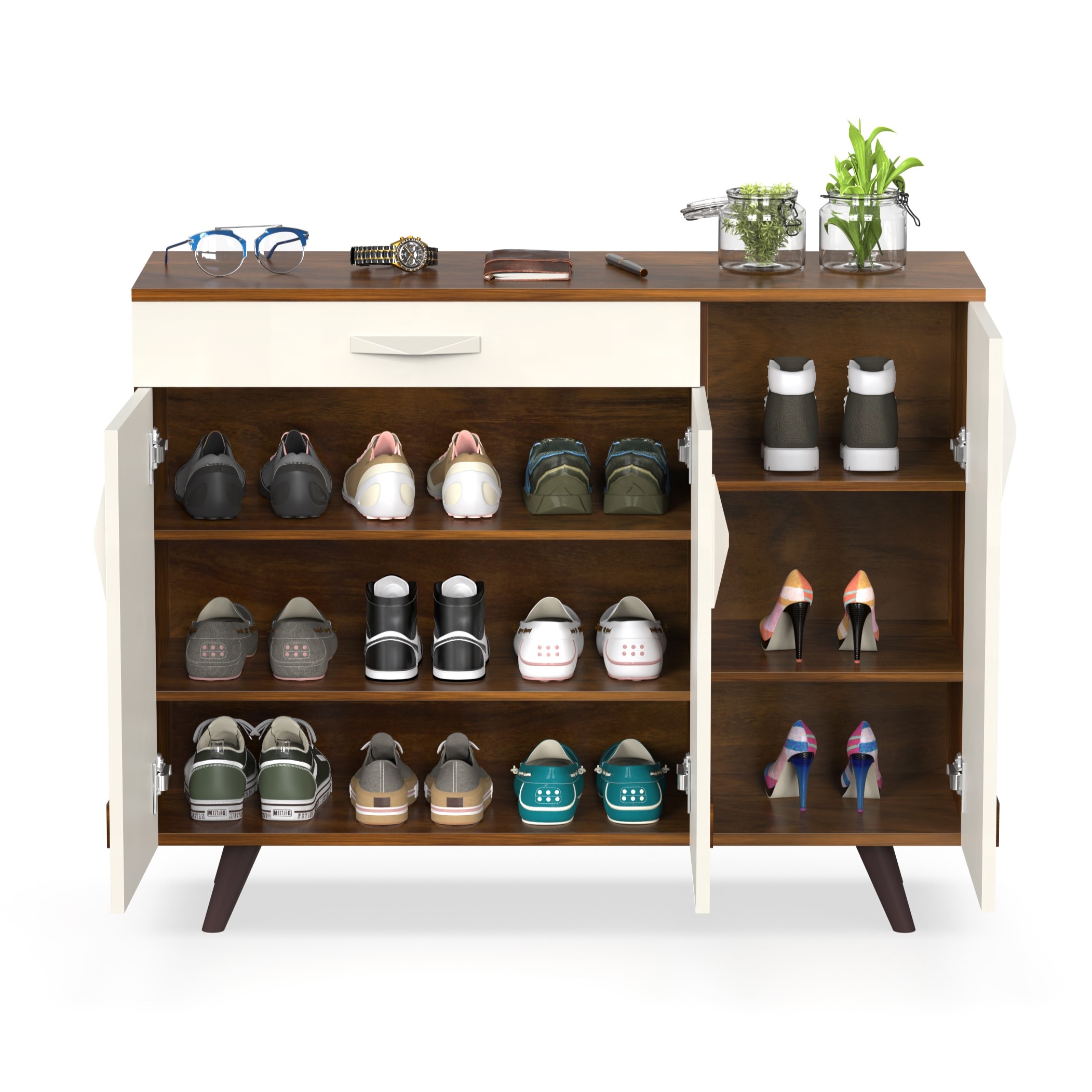 Kaspen Engineered Wood Wood Dual Tone 3 Doors Shoe Rack Cabinet Slipper Footwear Stand Organizer with Drawer can Store Up to 16 Pairs for Home (Brown Maple & Frosty)