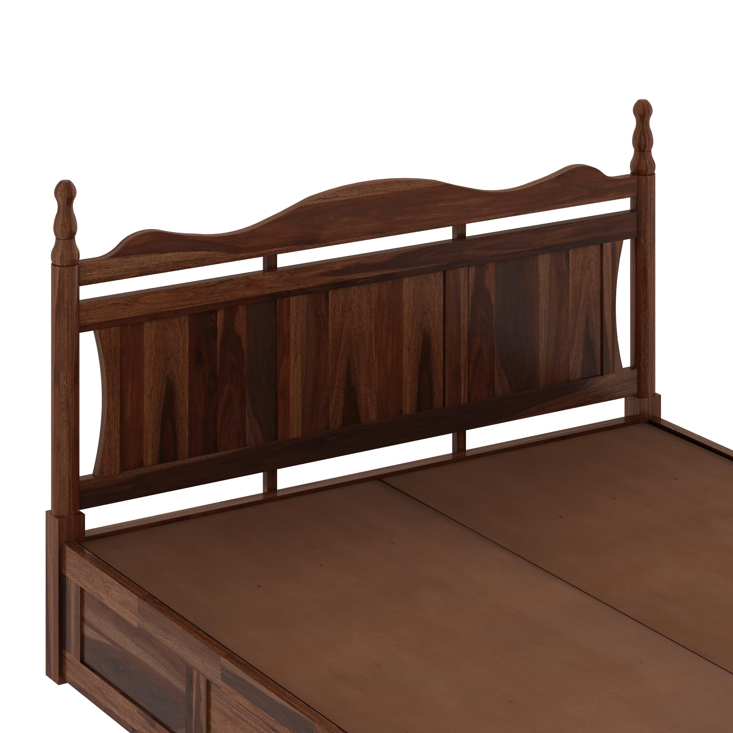 Lavento Sheesham Wood Queen Size Bed With Hydraulic Storage In Provincial Teak Finish