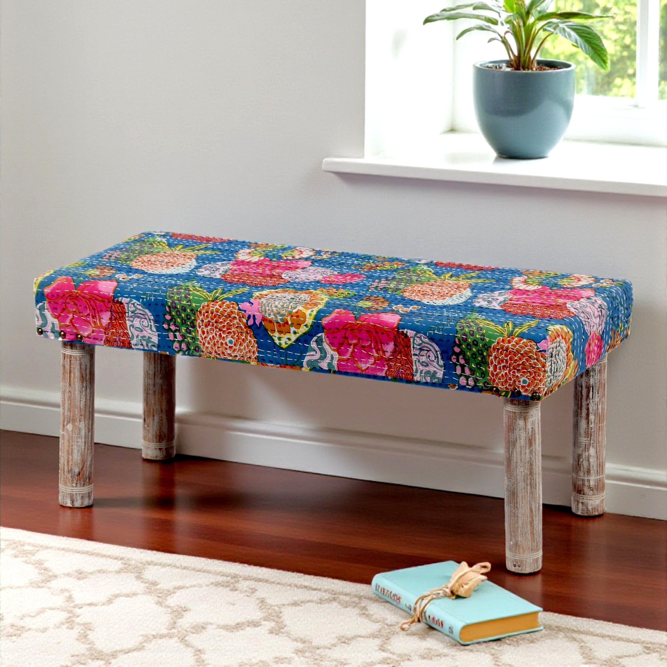 Camilla Solid Wood 2 Seater Bench In Fruit Print Blue Ethnic Kantha Fabric
