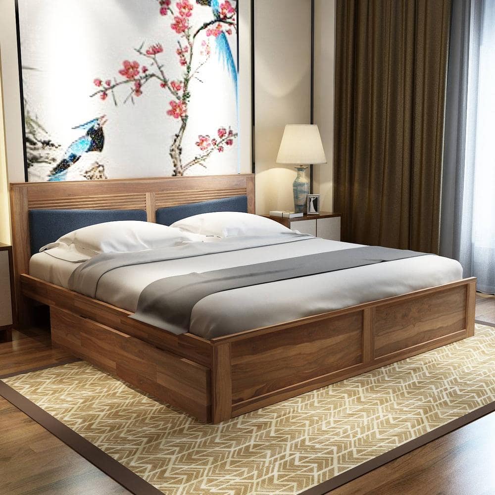 Nikos Sheesham Wood Queen Size Bed With Drawer Storage In Teak Finish
