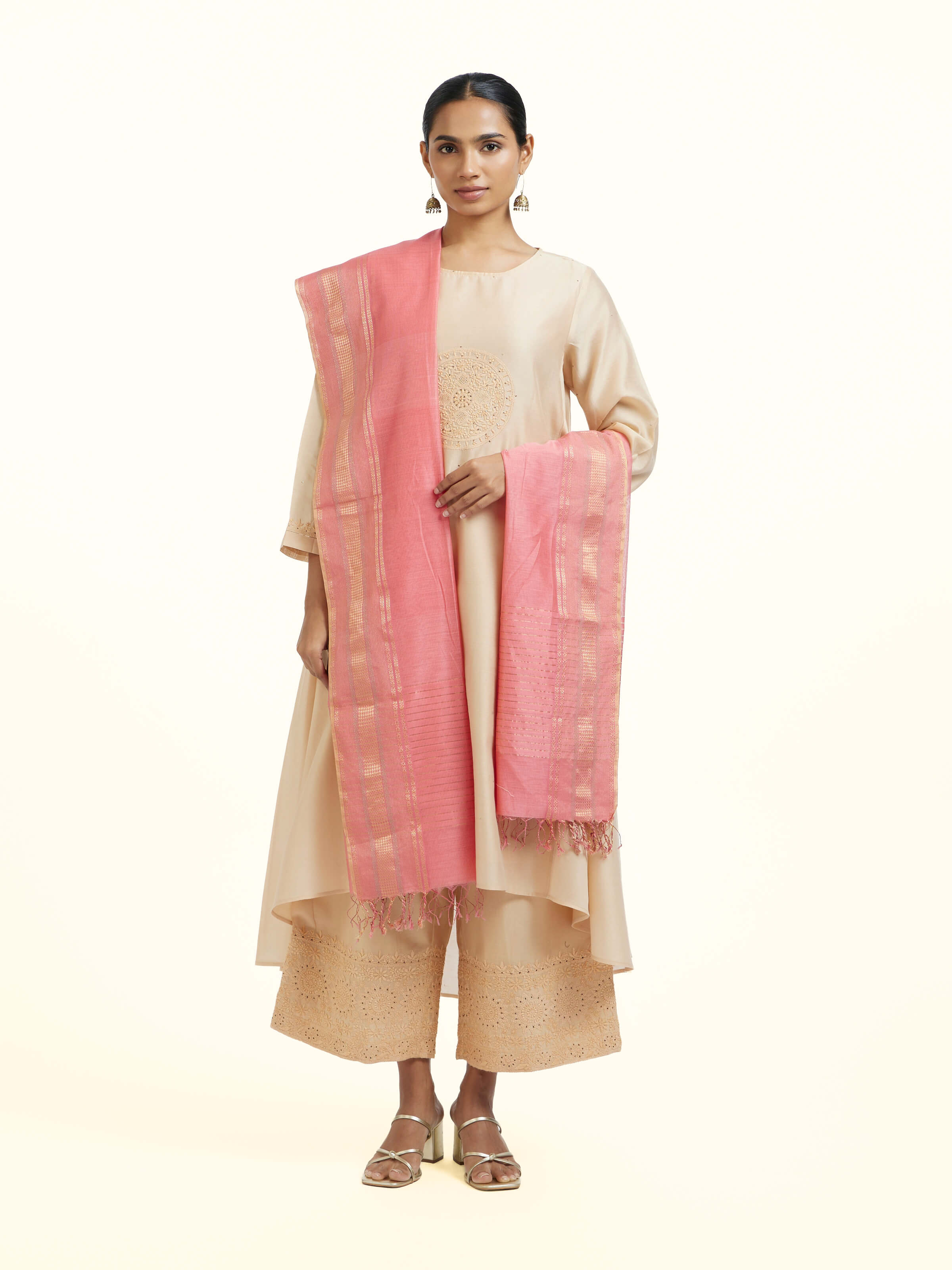 Light Pink Cotton Silk Maheshwari Handloom Dupatta
