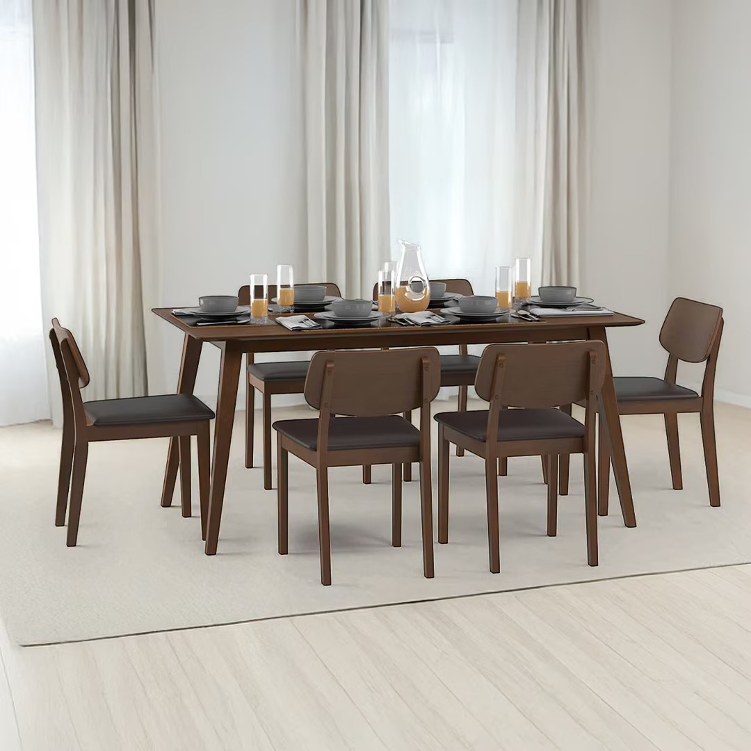 Lawson 6 Seater Dining Table Set (Chair Colour- Dark Brown, Finish- Walnut)