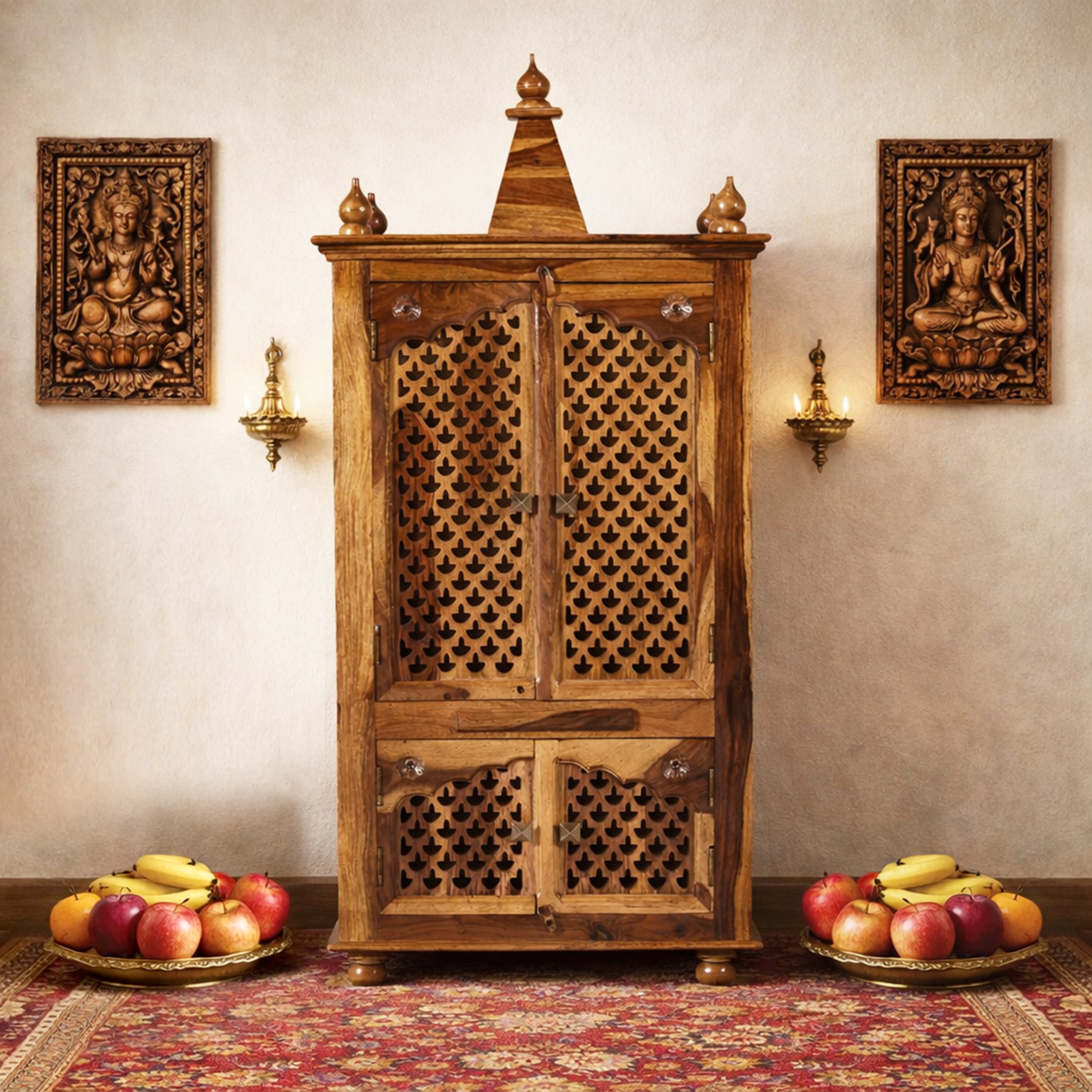 ium Sheesham Wood  Prayer Unit in Teak Finish