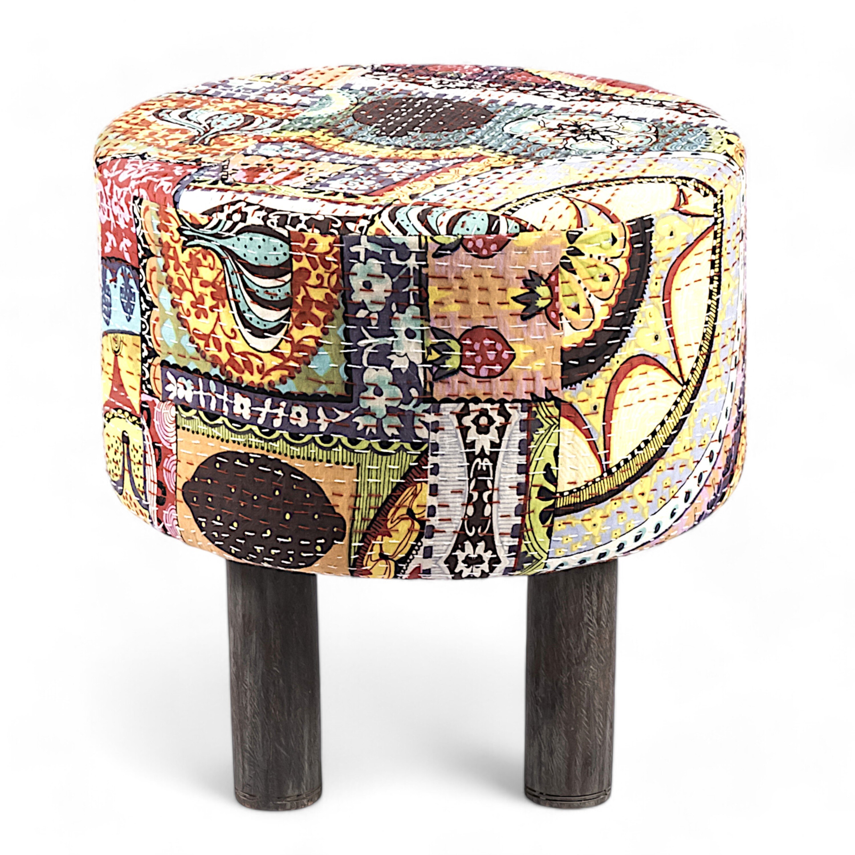 Morgan Solid Wood Pouf Stool in Multicolour Patch Kantha Fabric