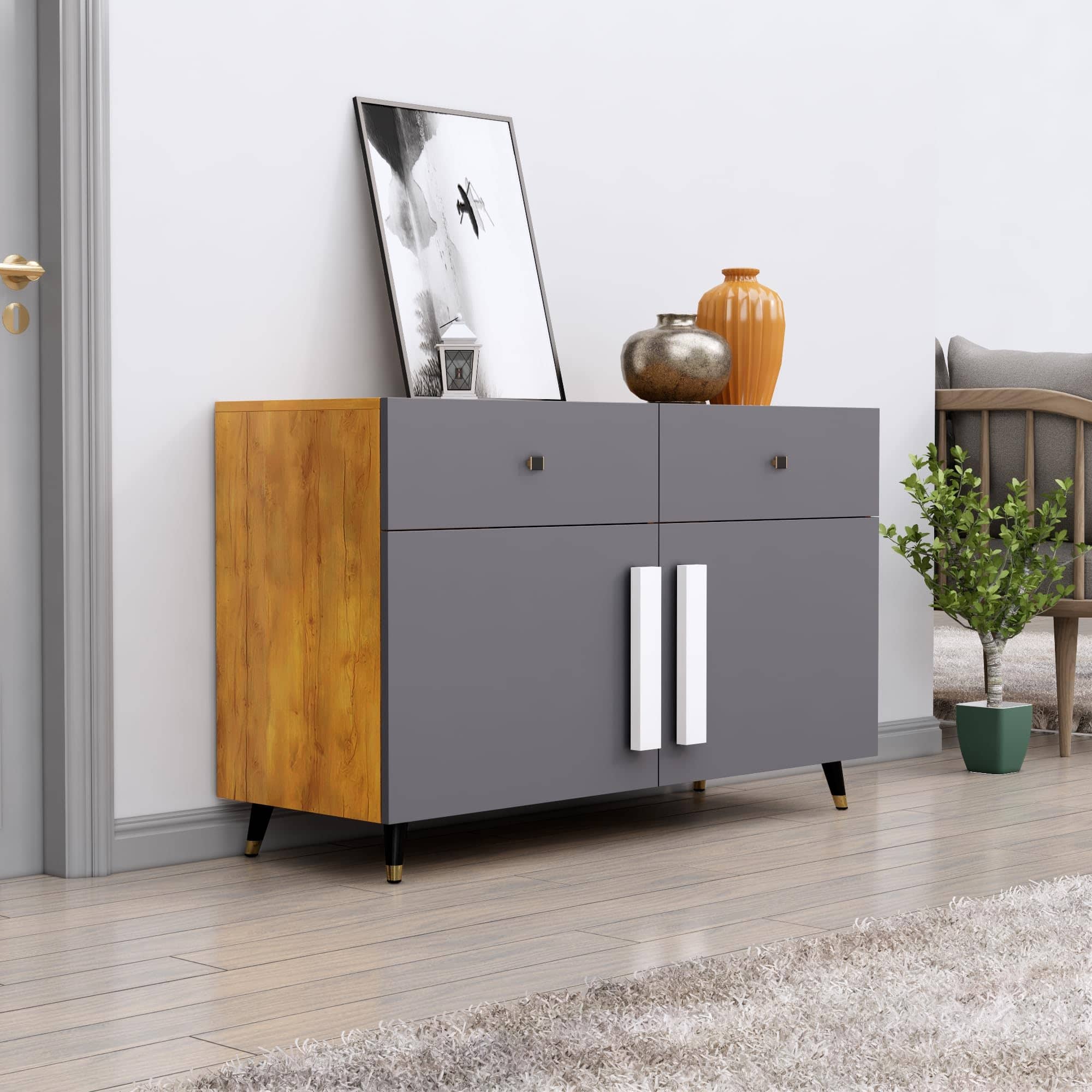 Hexa Red Multipurpose Storage Cabinet With 2 Drawer 2 Door in Giant Wood And Slate Grey Colour - HexaRed