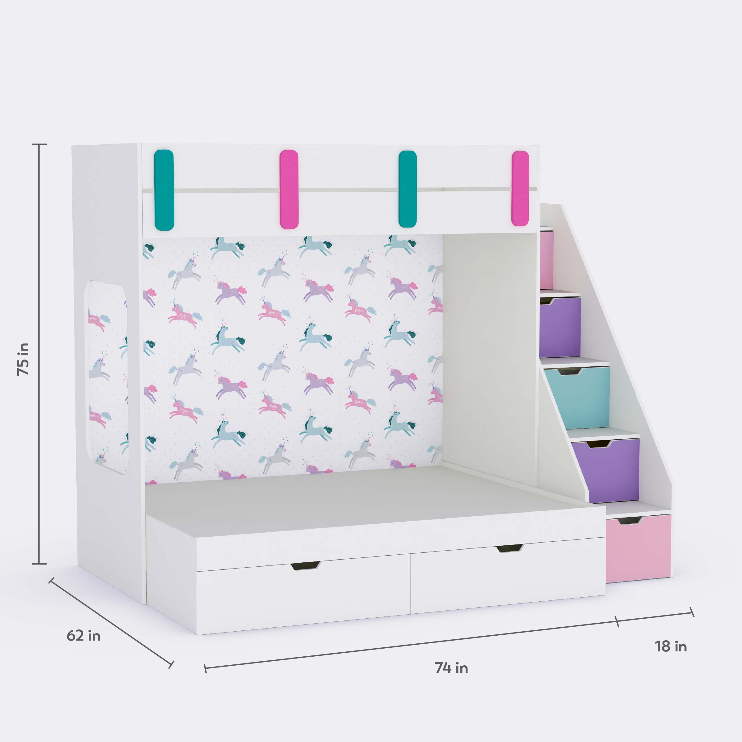 Pattern Dreams Bunk Bed  6X5 (Drawers On Wheels) In White Colour