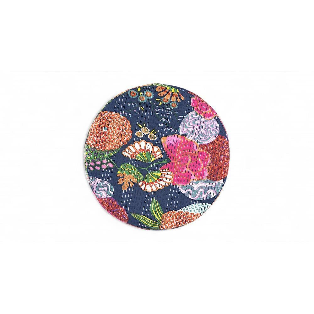 Roswell Sheesham Wood Mid Century Round Set of 2 Stools in Fruit Print Blue Kantha Upholstery