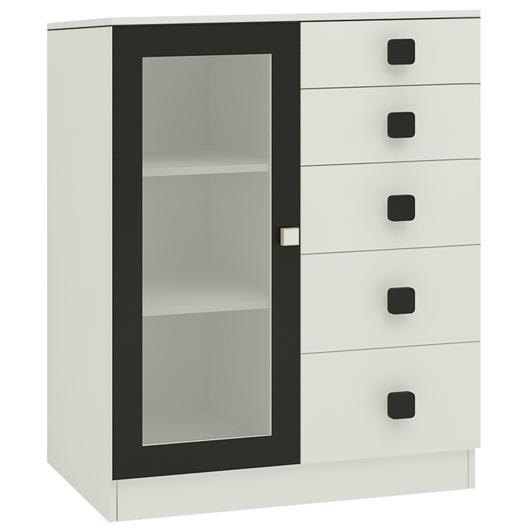 Rivera Crockery Unit-cum-Chest of Drawers with 5 Drawers and Toughened Glass Ivory - Carbon Black