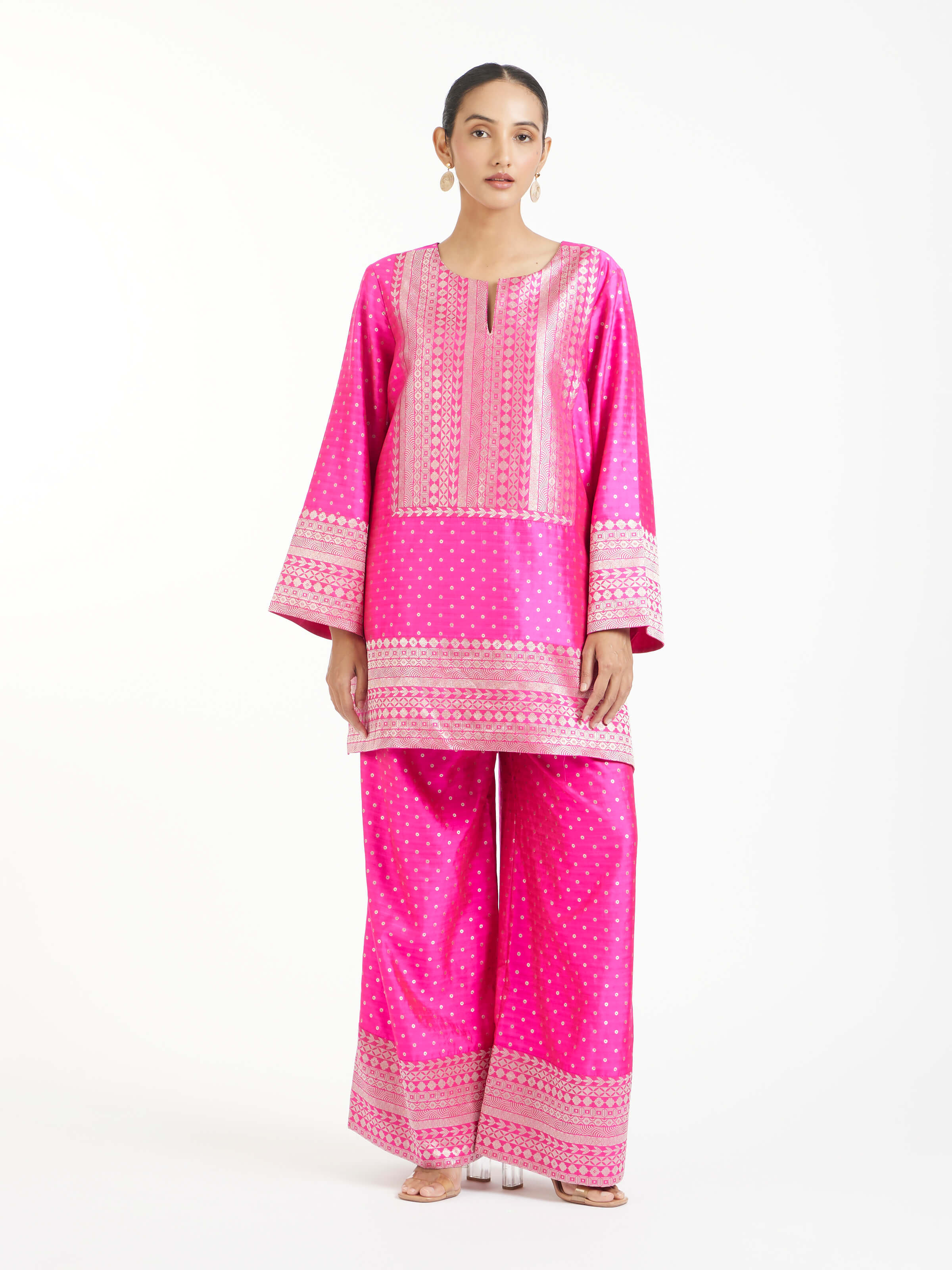 Front view of pink silk Banarasi co-ord set showcasing rich woven texture