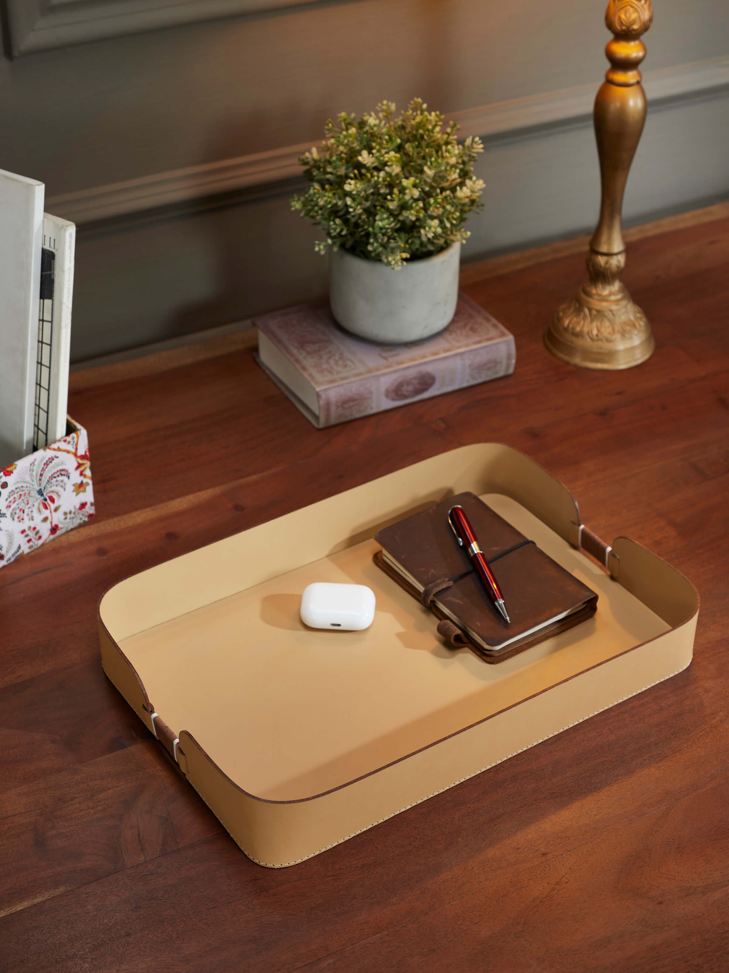 Side view of Leather Desk Organiser Tray highlighting its clean edges and functional design.