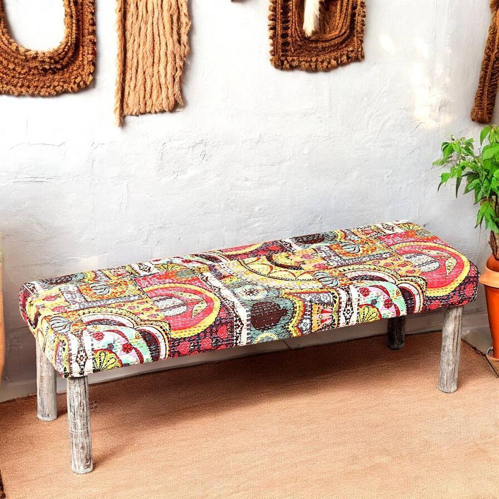 Asteria Solid Wood 2 Seater Bench In Multi Colour Israel Print Kantha Fabric