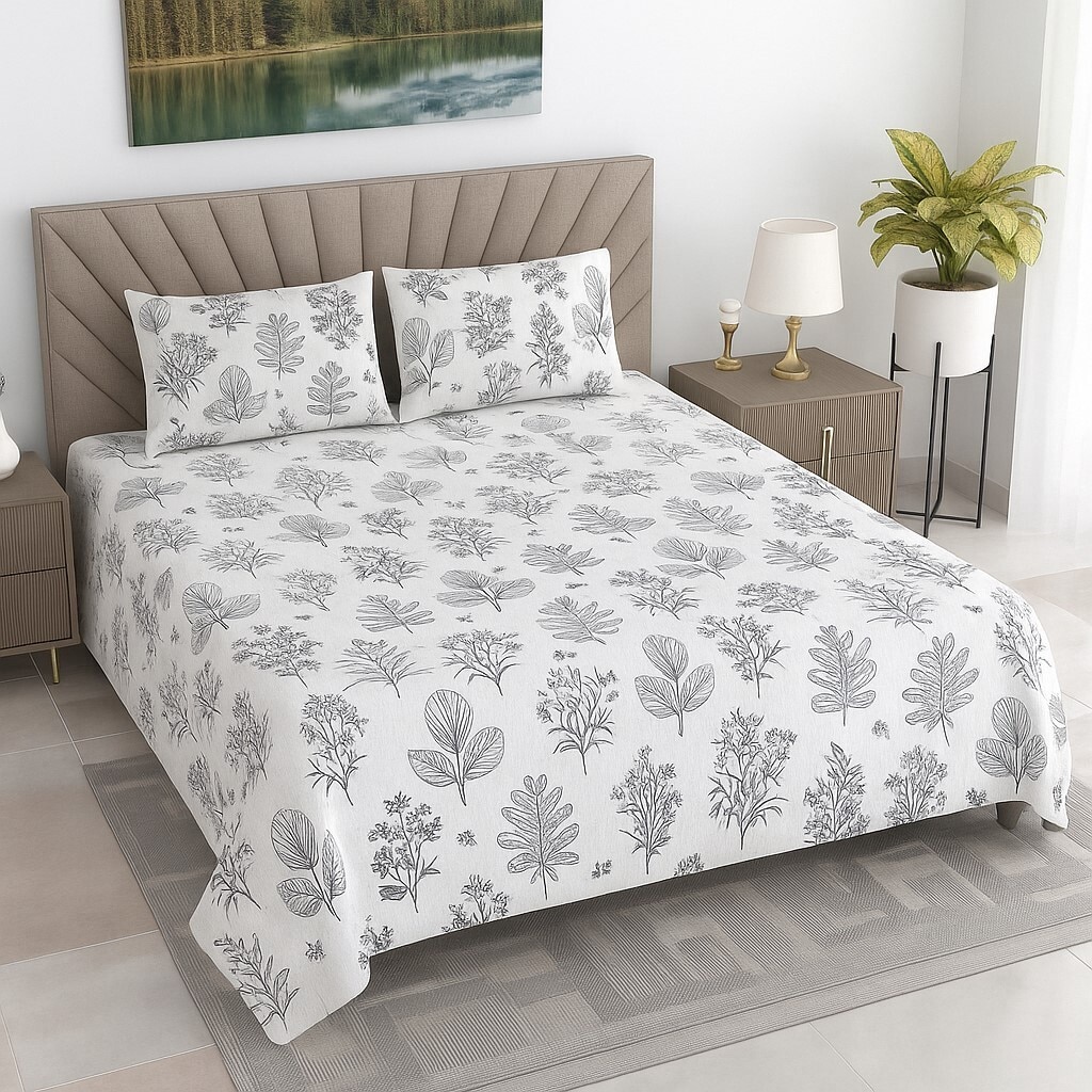 Sia White Floral 400 TC Cotton Flat Super King Size Bedsheet with 2 Pillow Covers – Threads - Threads