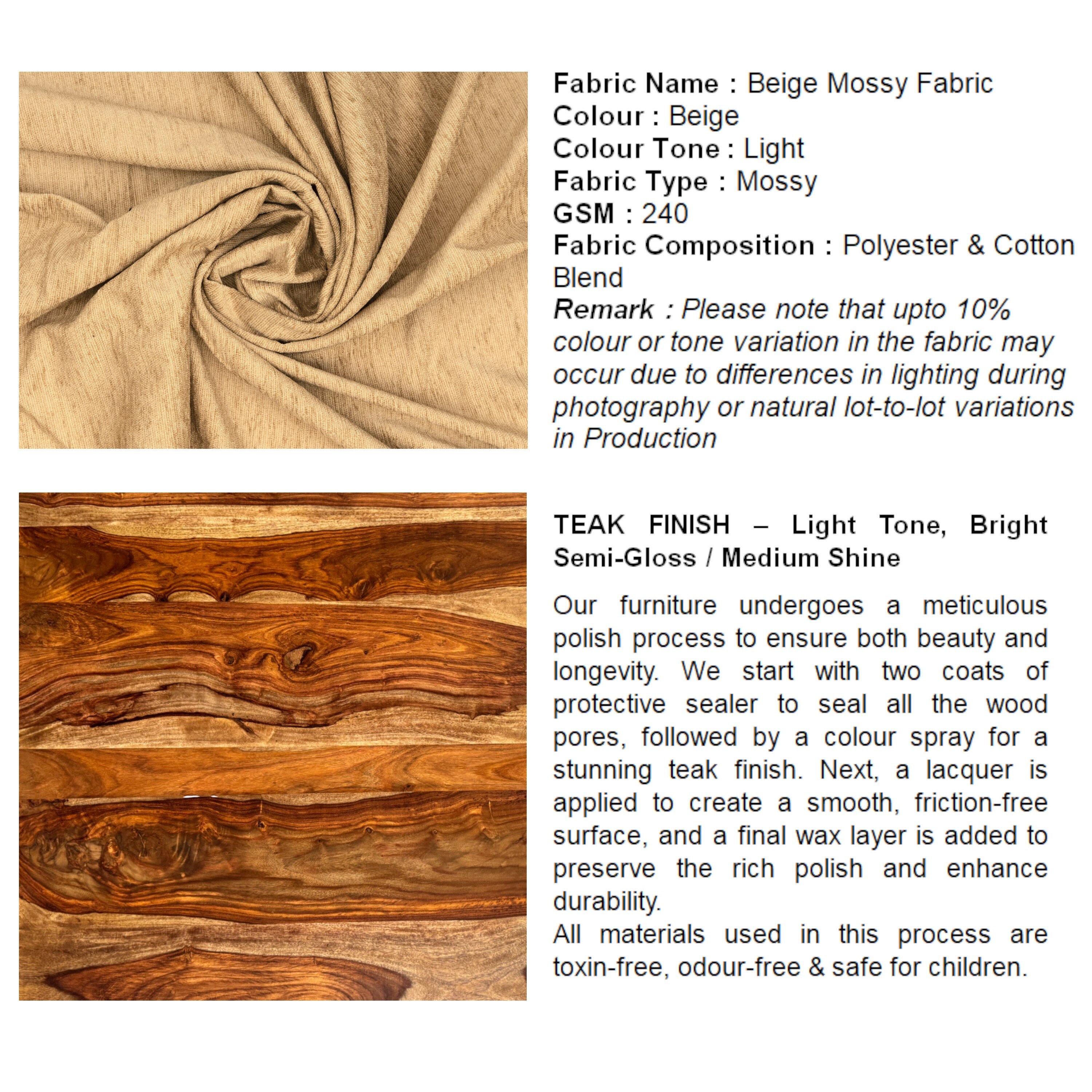 Nirva Sheesham Wood Accent Coffee Table Set With 4 Stools In Teak Finish With Beige Mossy Fabric Cushions