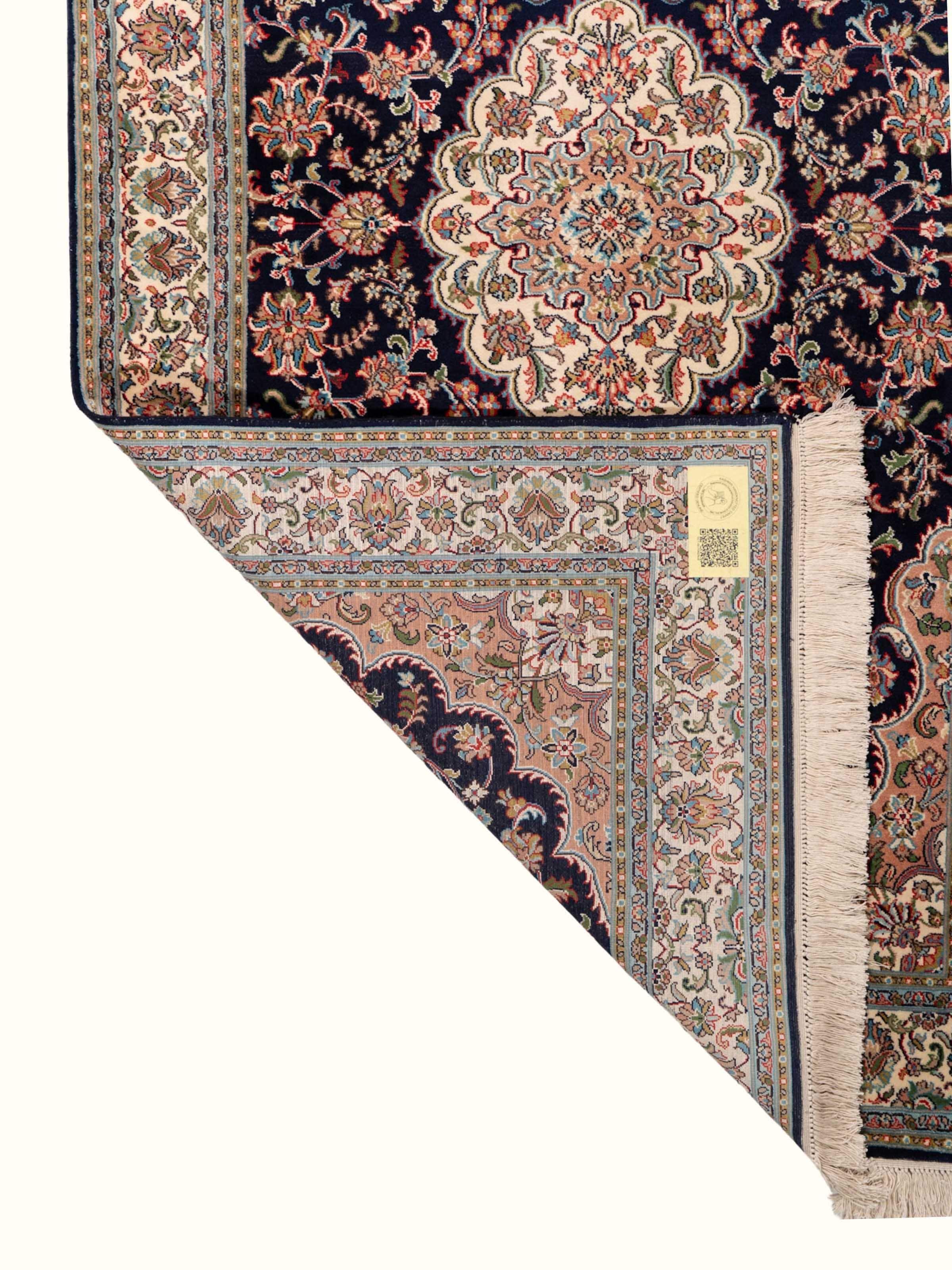 Traditional Persian Navy Blue Kashan Kashmir Silk Hand-Knotted Carpet