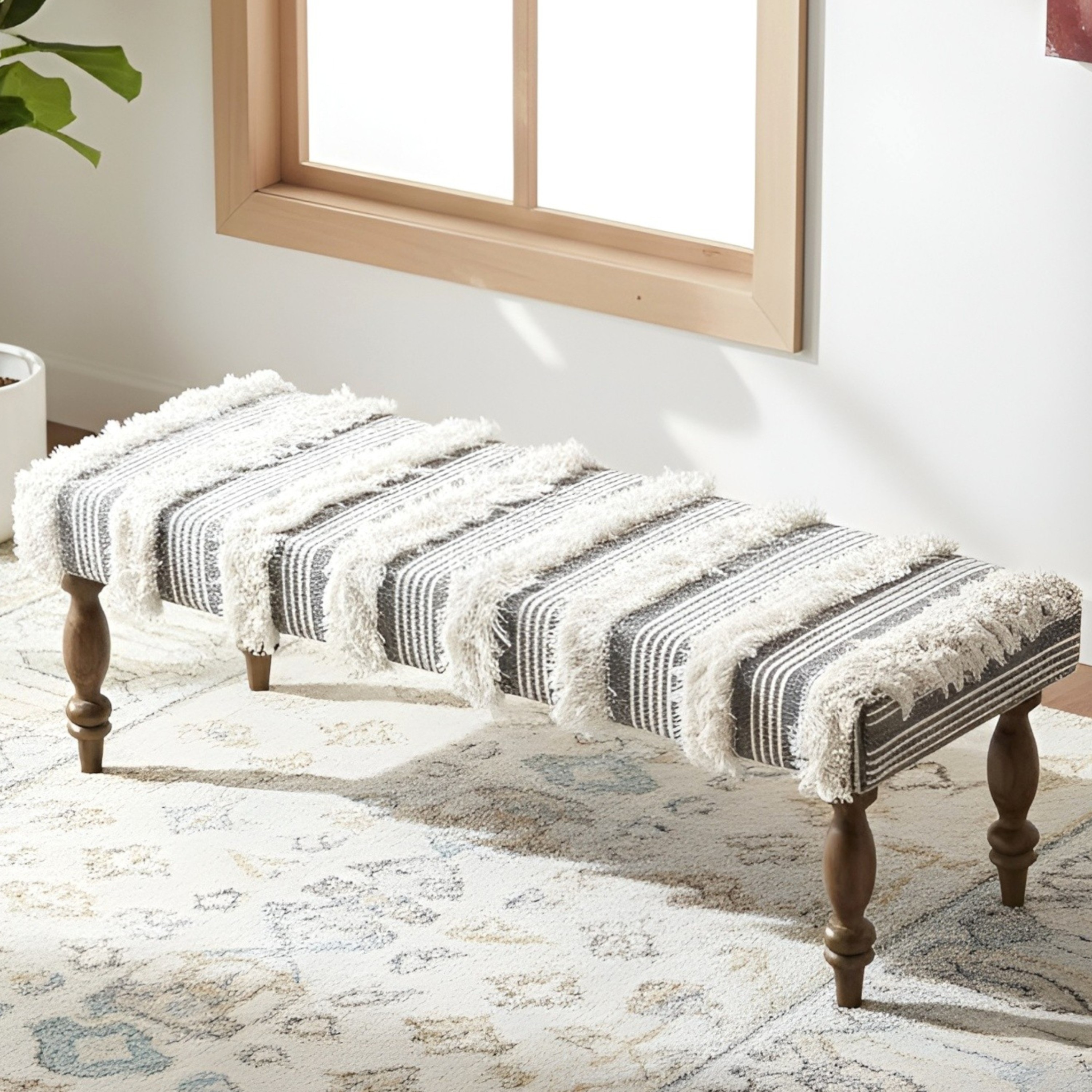 Cairo Sheesham Wood Accent 3 Seater Bench In Grey Fabric