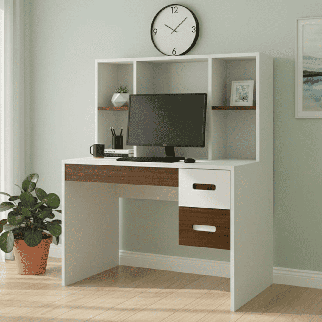Tiara Study Desk with 3 Drawers and Built In Bookshelf in Ivory Coffee Walnut Colour