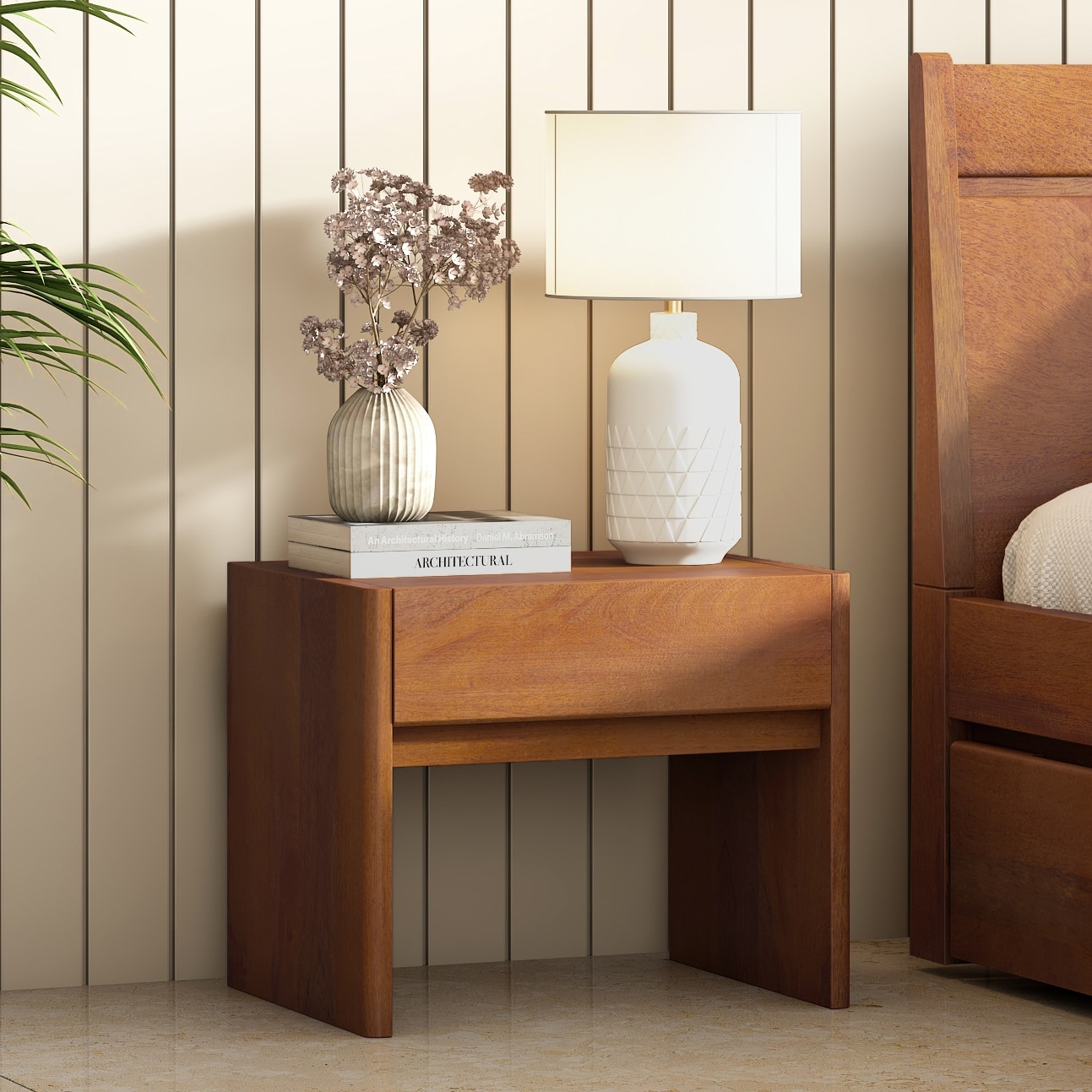 Basal Solid Wood Bedside Table In Amber Walnut Finish - Urban Ladder
