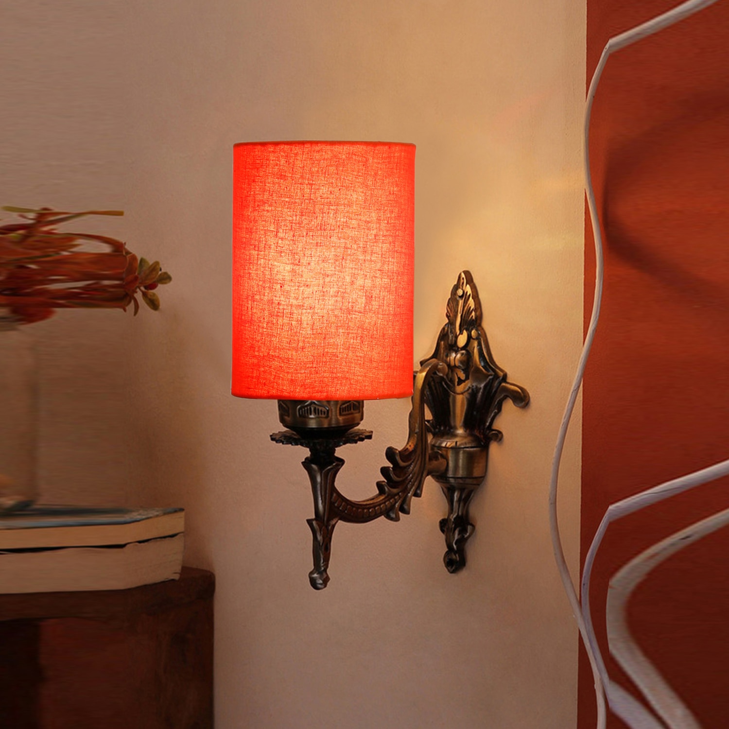 Devansh Metal Electric Wall Light in Antique Gold Colour with Orange Shade Count of 1 Light - Devansh