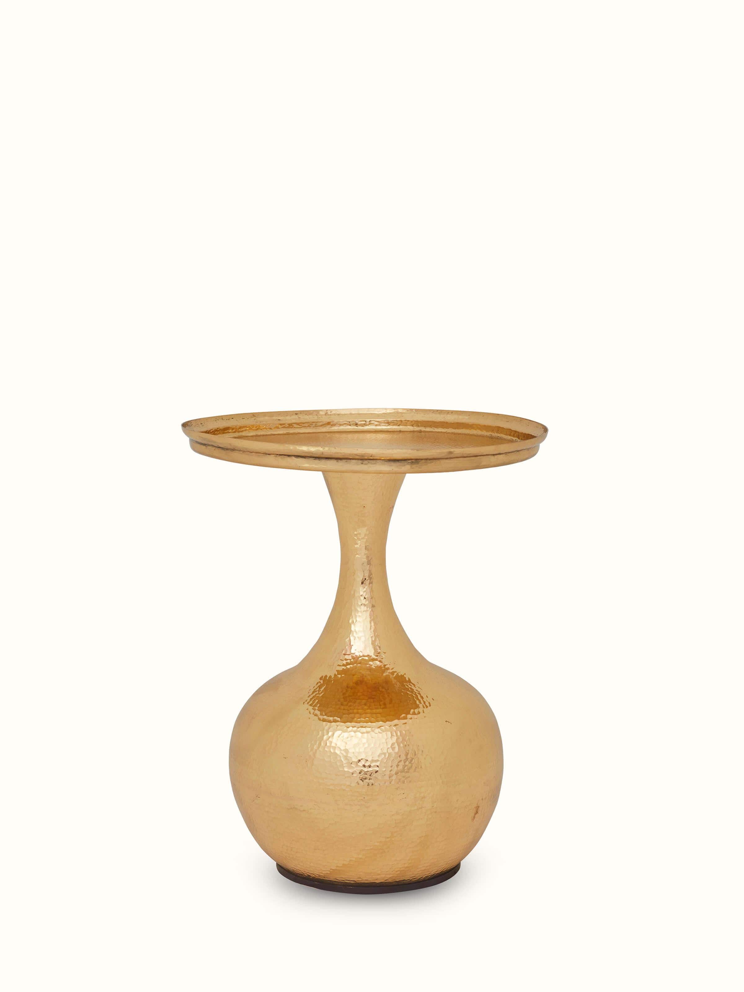 Front view of the Brass Thathera end and side table, showcasing its intricate brass detailing and elegant design.
