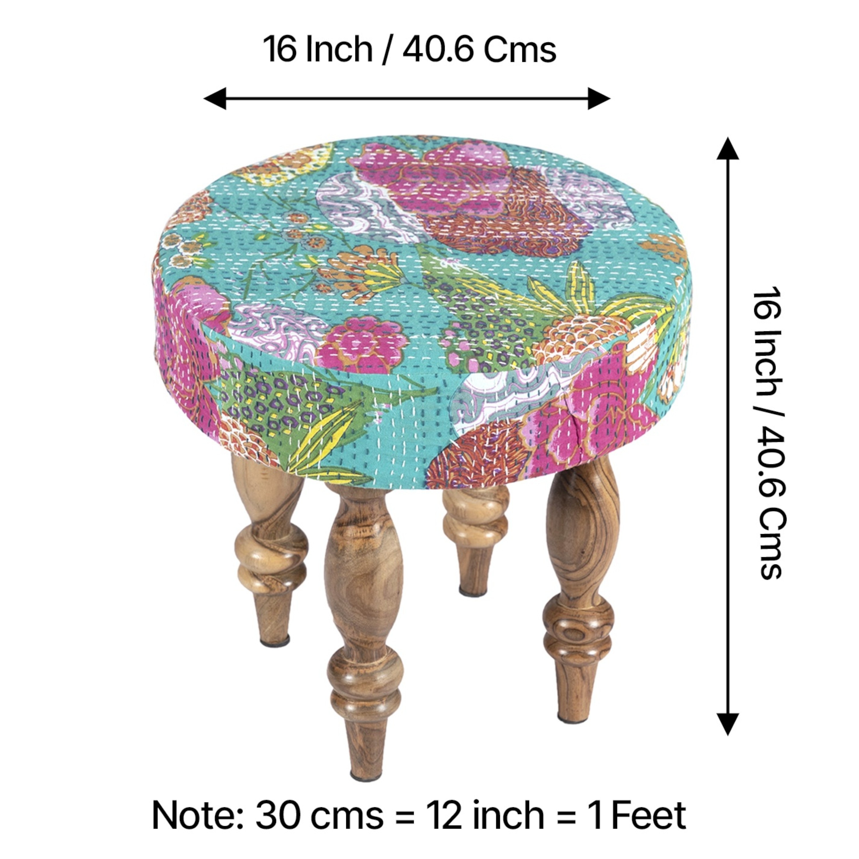 Roswell Sheesham Wood Mid Century Round Stool in Sea Green Fruit Print Kantha Upholstery