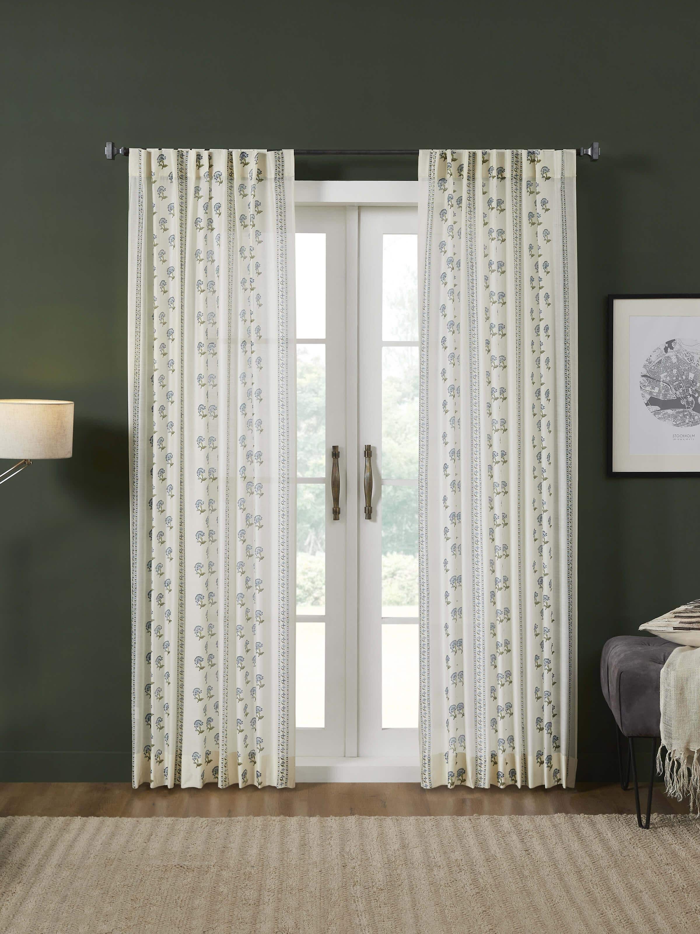 Aaarunya Blue Floral Cotton Silk Sanganeri Block Printed Sheer Curtain (7 Ft)