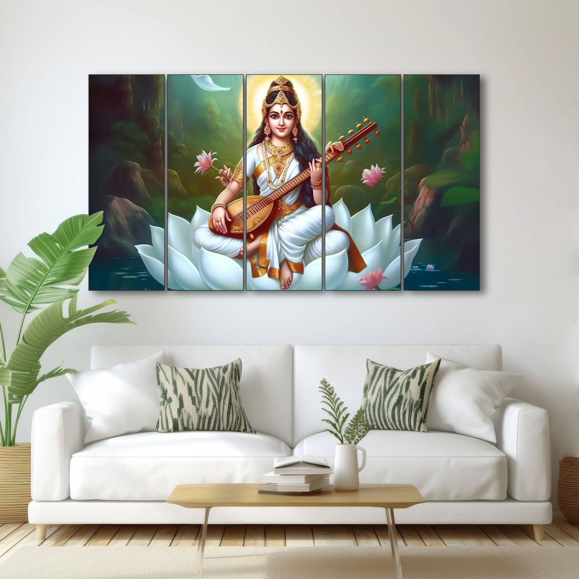 The Castle Decor Goddess Saraswati Wall Painting Wooden Framed 27x48 Inch (Style 1) - The Castle Decor