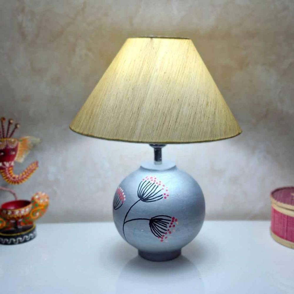 Amaro Handmade & handpainted Silver colour Wooden matka lamp with Cotton Beige shade