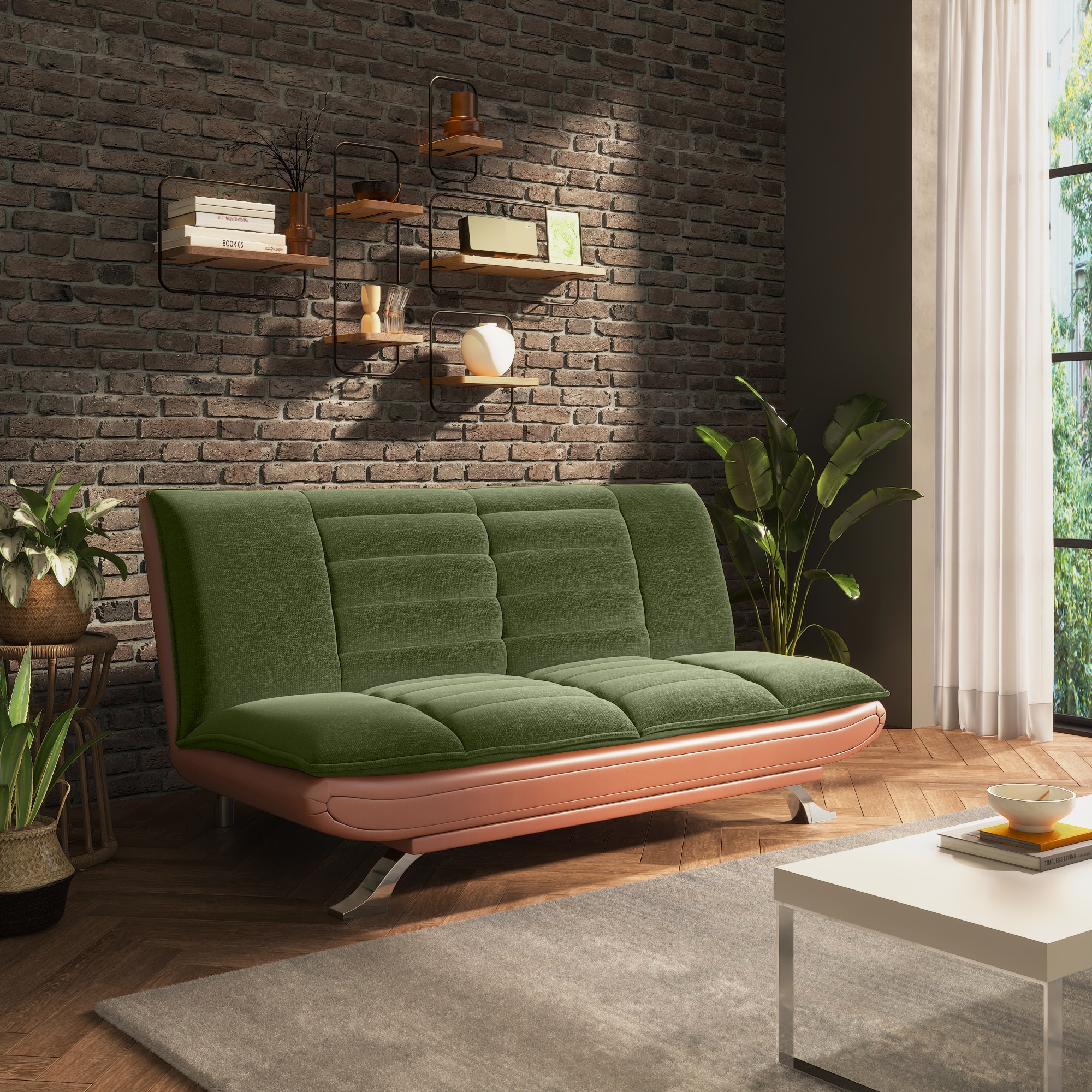 Edo 3 Seater Click Clack Sofa Cum Bed In Dual Tone Moss Green And Seinna Brown Leatherette Colour