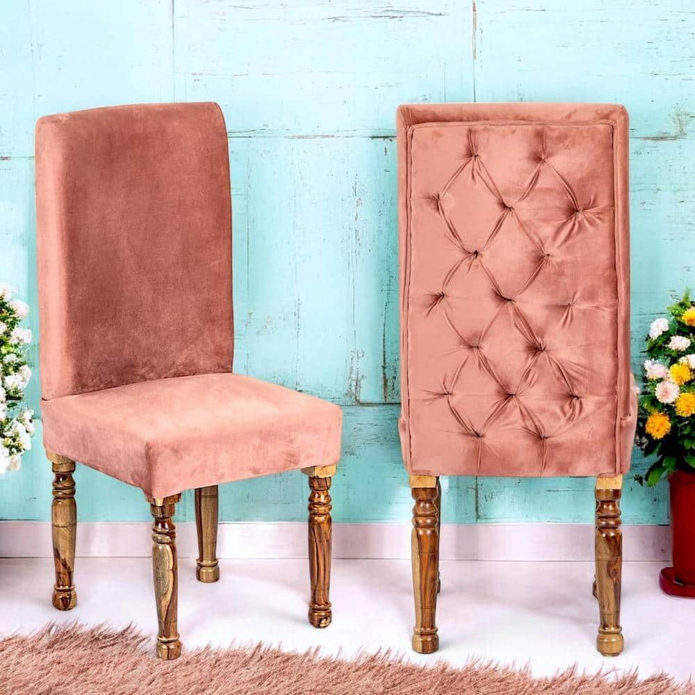 Rosslyn wood Accent Set of 2 Dining Chairs in Coral Pink Velvet Upholstery with TEAK FINISH