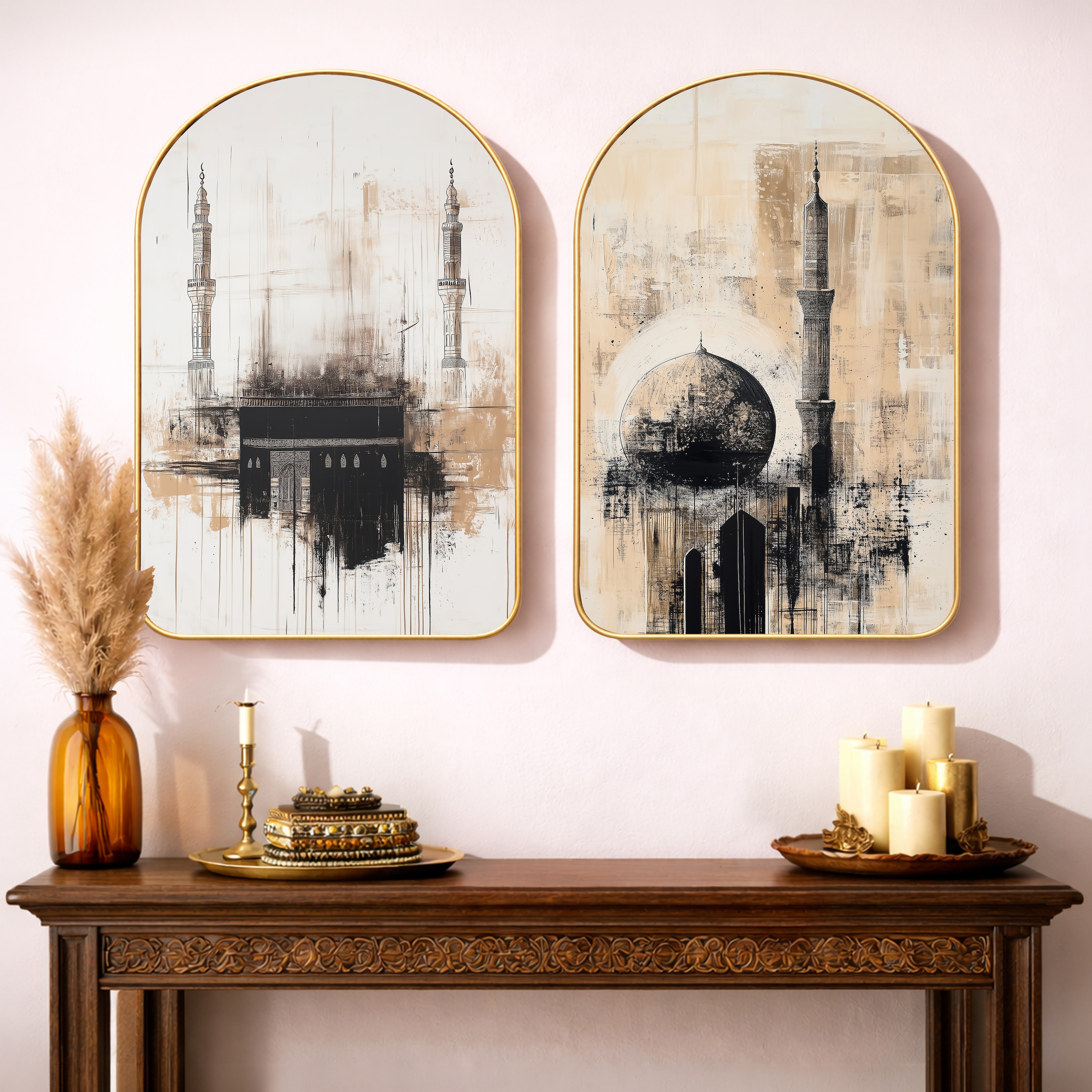Islamic Mecca Medina Wall Art Painting Set of 2 Gold Frame 16 x 24 Inch - Art Street