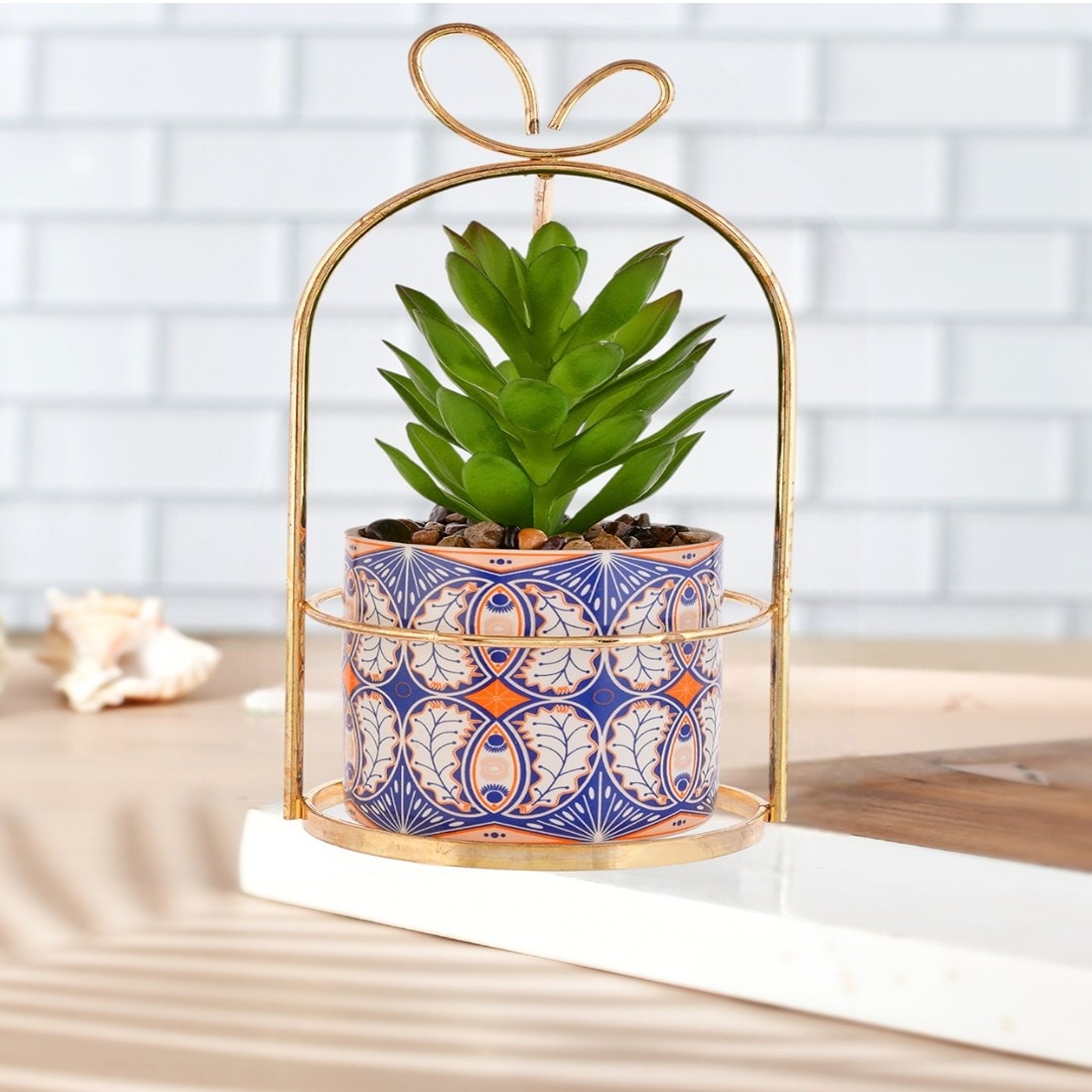 Artificial Plant With Ceramic Planter In A Golden Basket