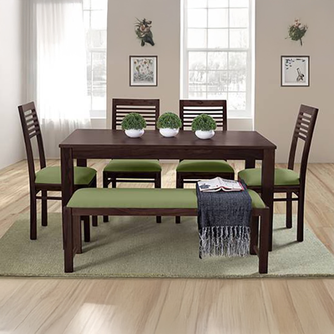 Oribi Dining Bench -Finish - Mahogany, Fabric- Avocado Green