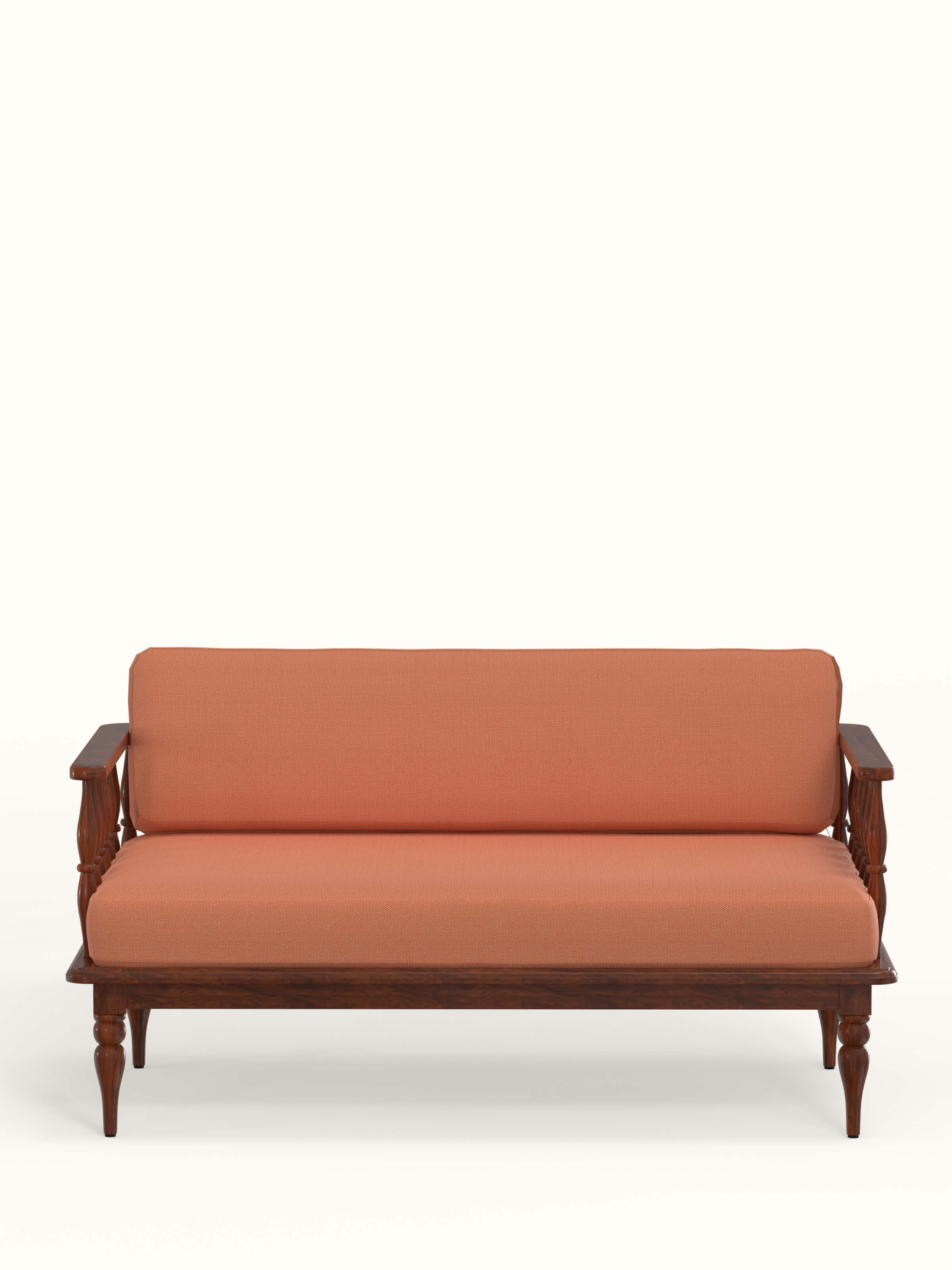 Front view of the rust dobby fabric upholstered Sheesham wood 2-seater sofa, showcasing its rich color and elegant design.
