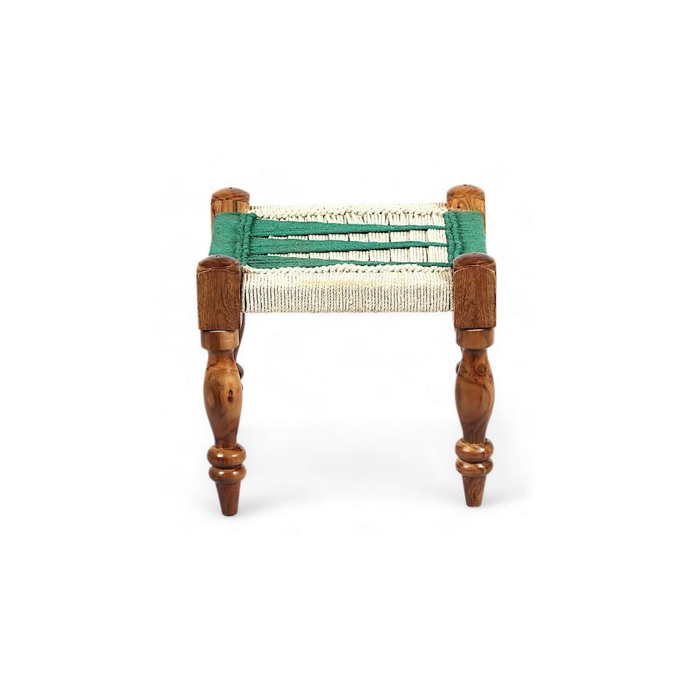 Hamilton Sheesham Wood Maachi Bench Set With 2 Stools In Green & White Rope Canning