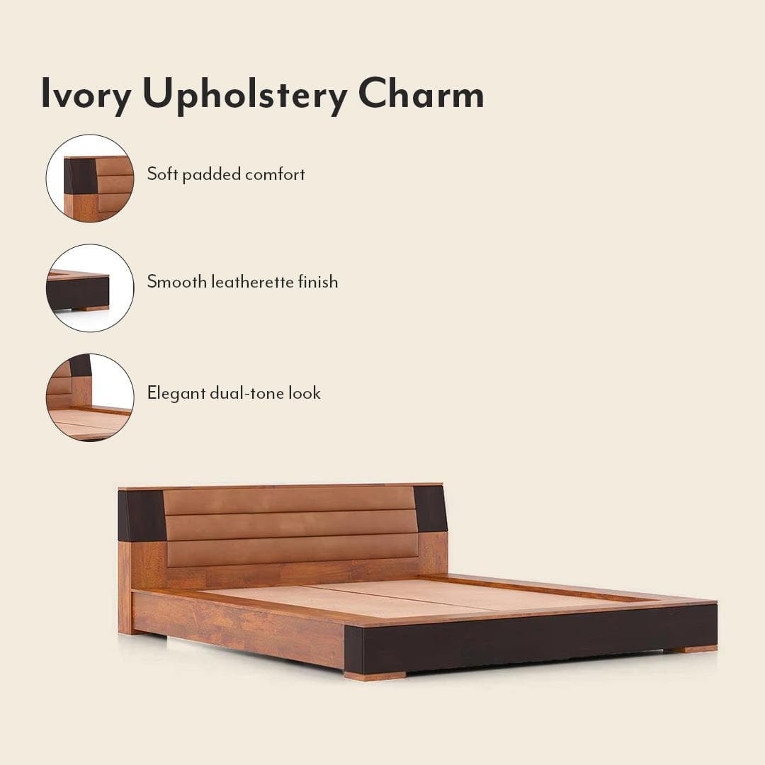 Mahe Solid Wood Queen Size Bed In Dual Tone With Tan Leatherette